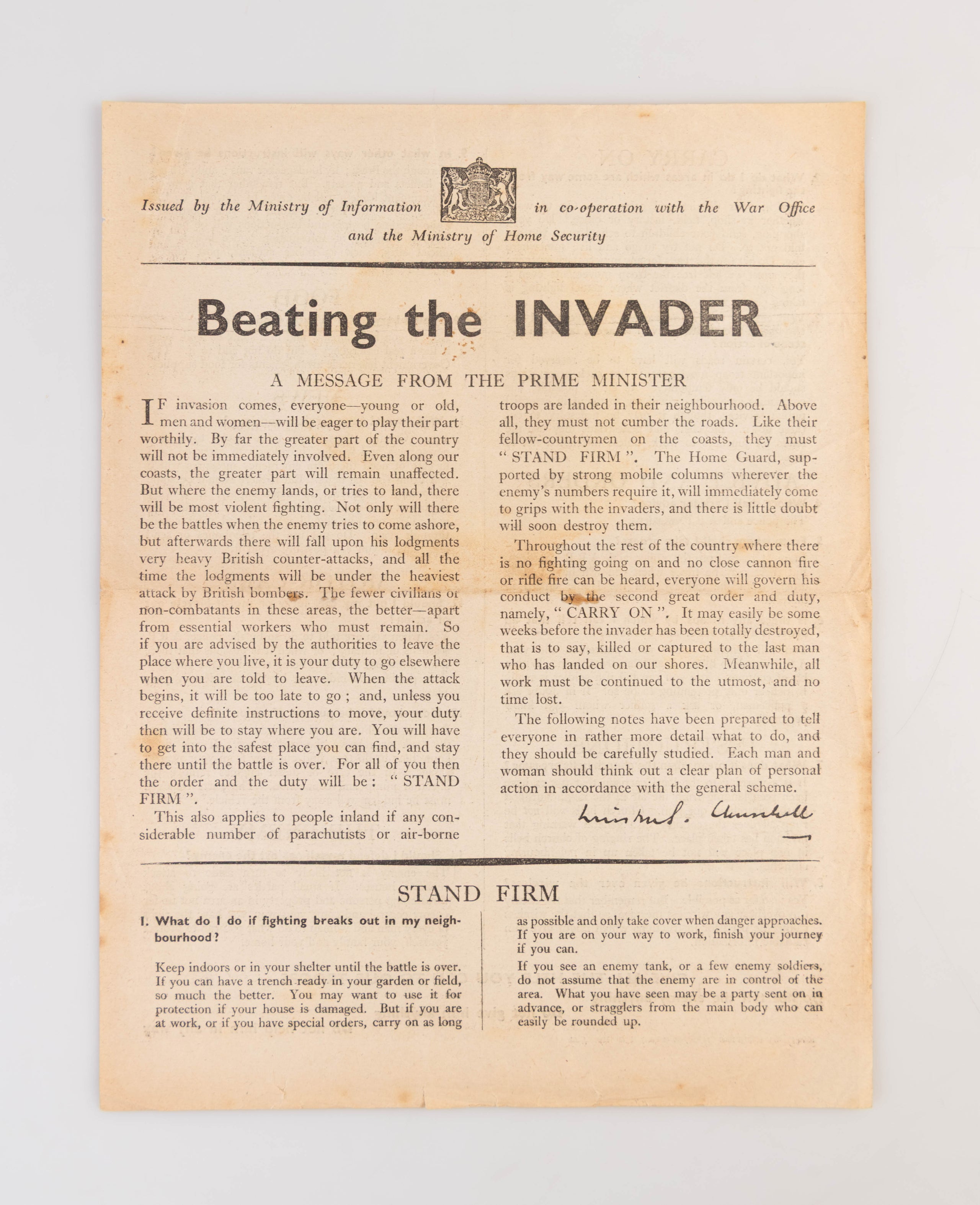 If the Invader Comes. What to do - and How to do it. [with:] Beating the Invader. A Message from the Prime Minister.