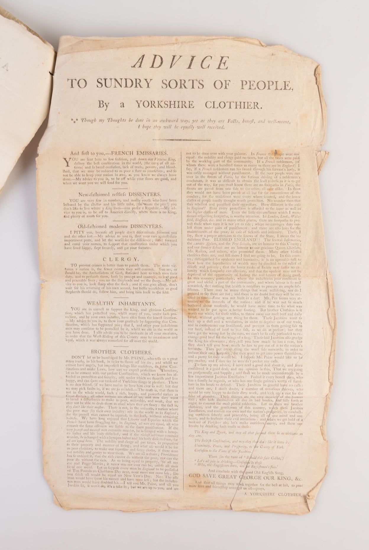 A collection of seven broadsides warning the inhabitants of Huddersfield in Yorkshire of the rising threat of revolution.