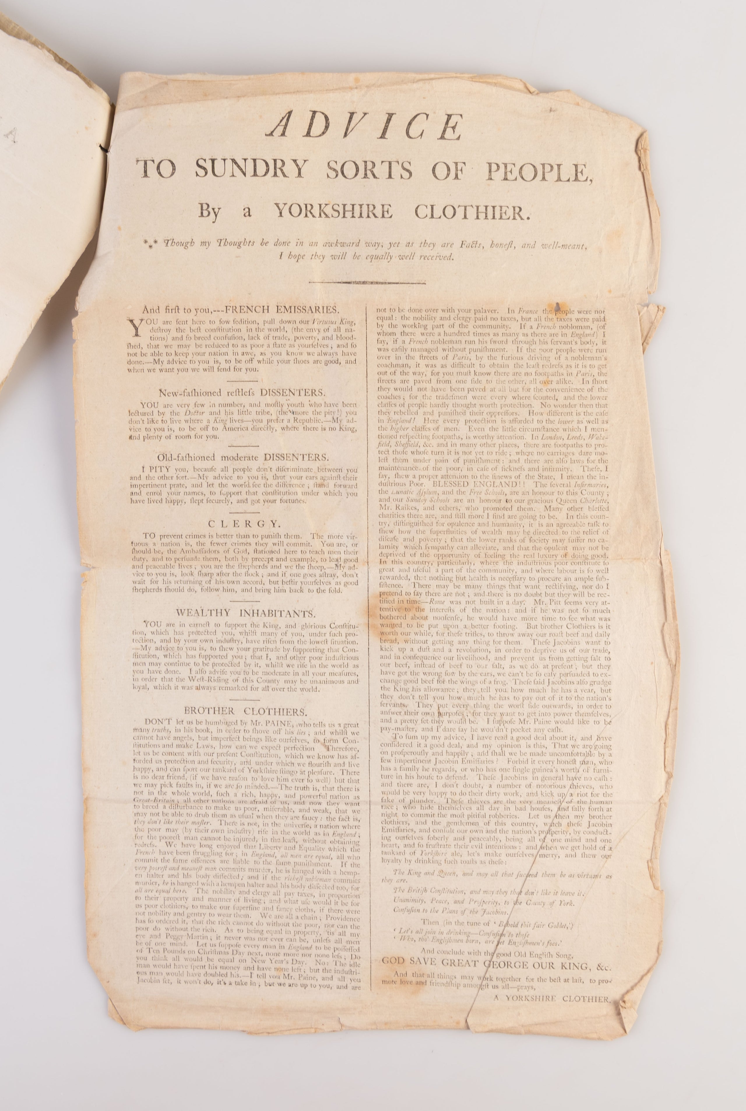A collection of seven broadsides warning the inhabitants of Huddersfield in Yorkshire of the rising threat of revolution.