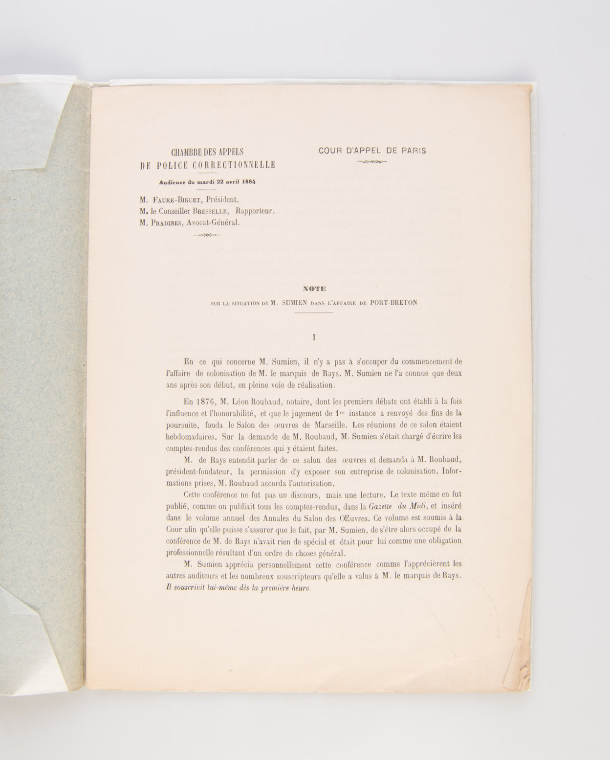 Note sur la Situation de M. Sumien dans l'affaire de Port-Breton.