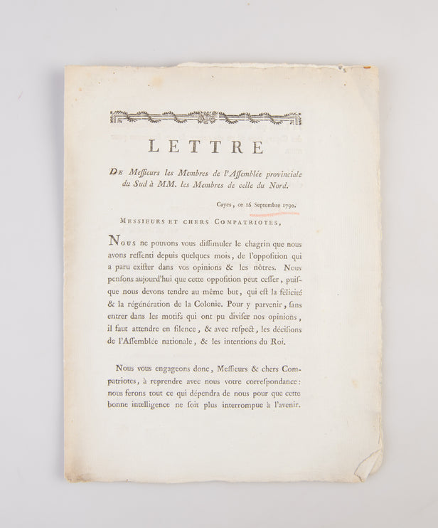 Lettre De Messieurs les Membres de l'Assemblée provinciale du Sud à MM. les Membres de celle du Nord.