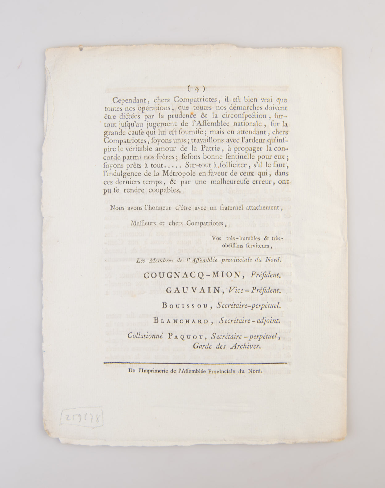 Lettre De Messieurs les Membres de l'Assemblée provinciale du Sud à MM. les Membres de celle du Nord.