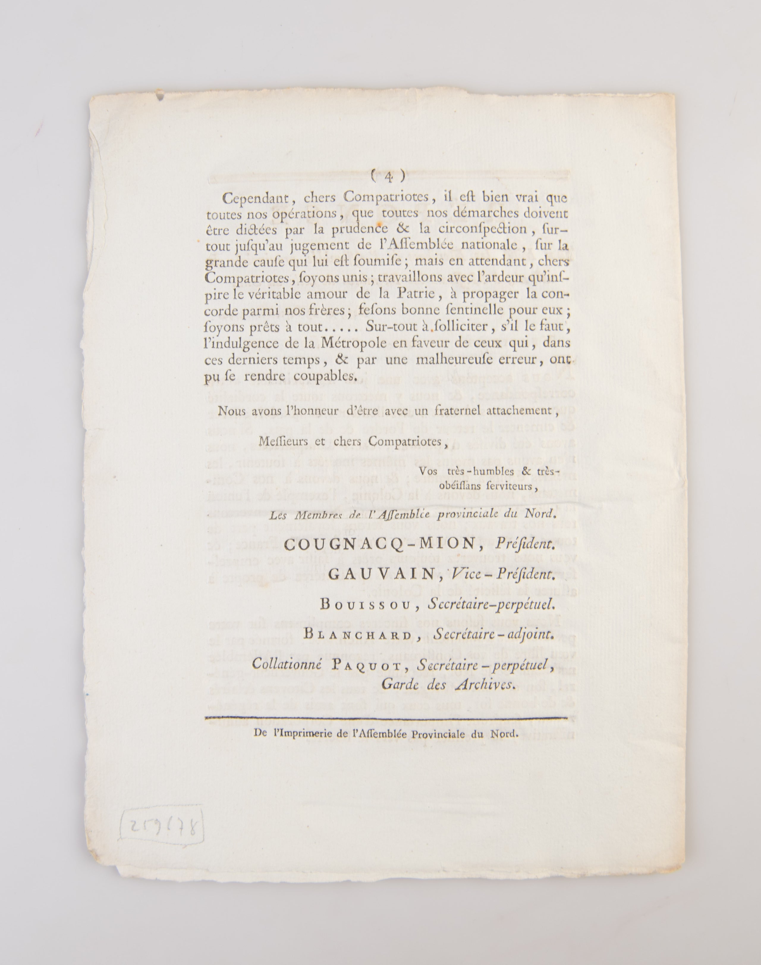 Lettre De Messieurs les Membres de l'Assemblée provinciale du Sud à MM. les Membres de celle du Nord.
