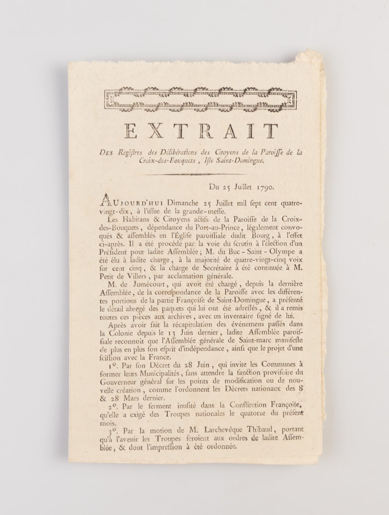 Extrait des registres de Deliberations des Citoyens de la Paroisse de la Croix-des-Bouquets, Isle Saint-Domingue.