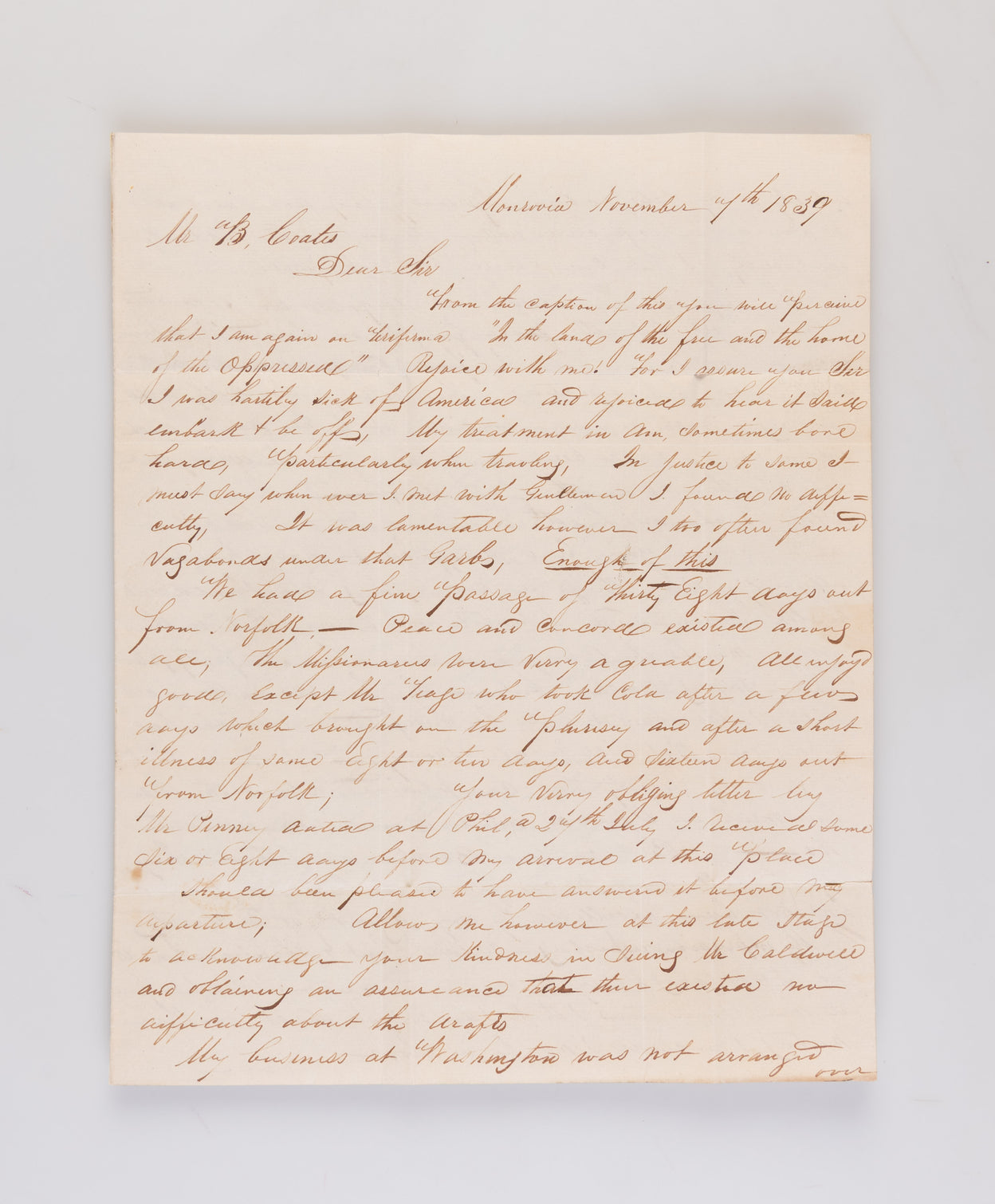 [Letter rejoicing that he had arrived in Liberia: 