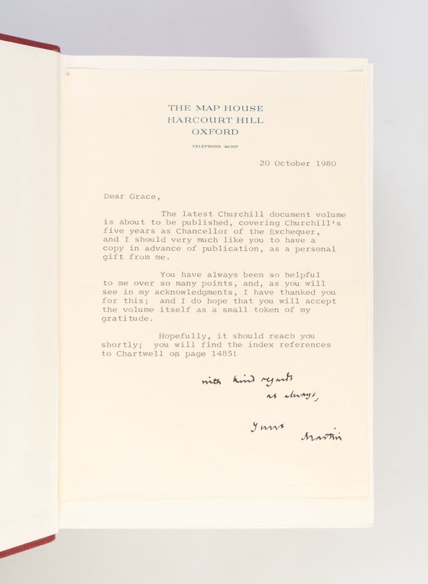 Winston S. Churchill. (1874-1965). Companion Volume V, Part 1: The Exchequer Years 1922-1929. [with:] Typed Letter Signed ('Martin') to Grace Hamblin ('Dear Grace').
