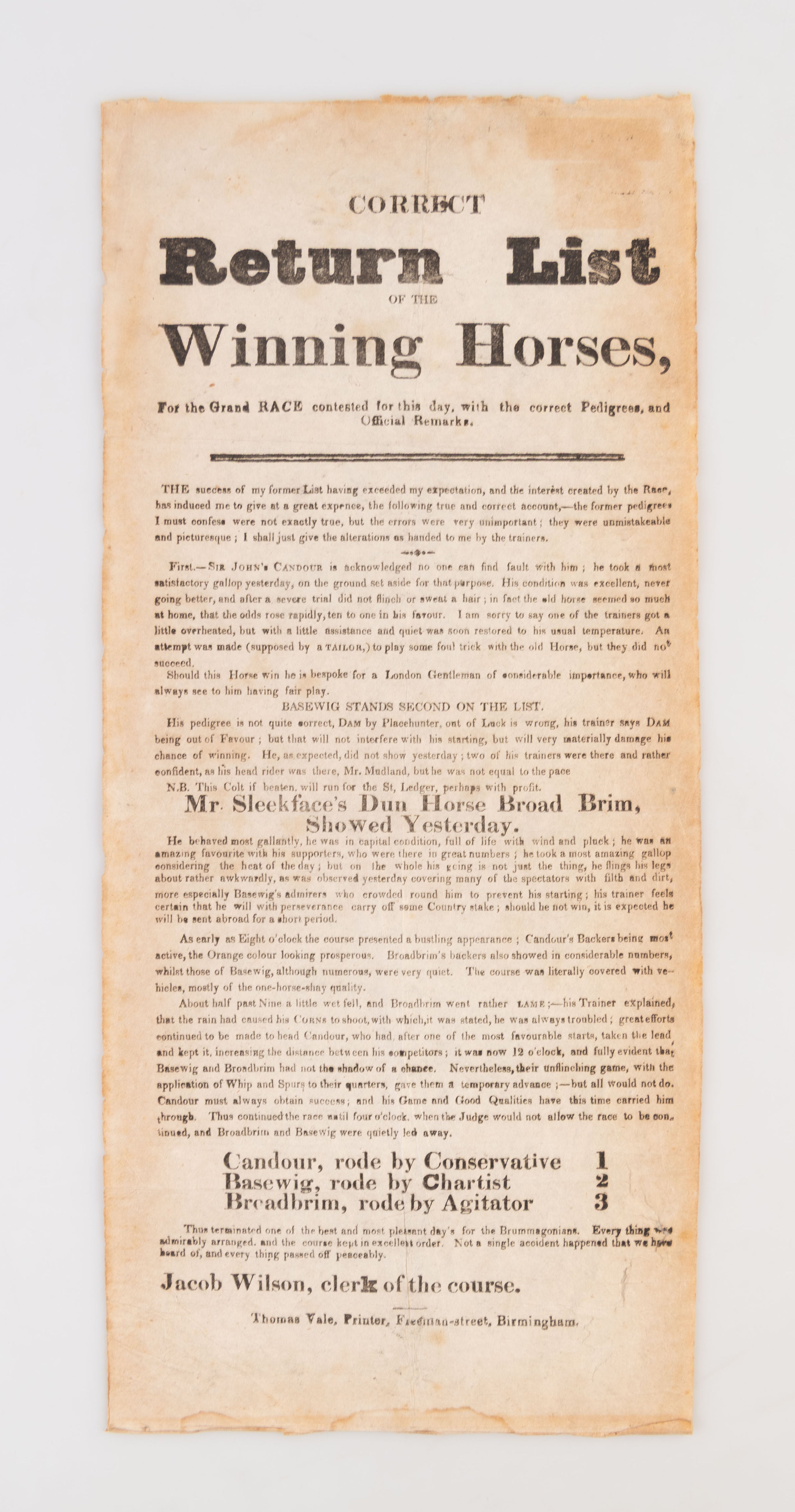 Correct Return List of the Winning Horses, For the Grand Race contested for this day