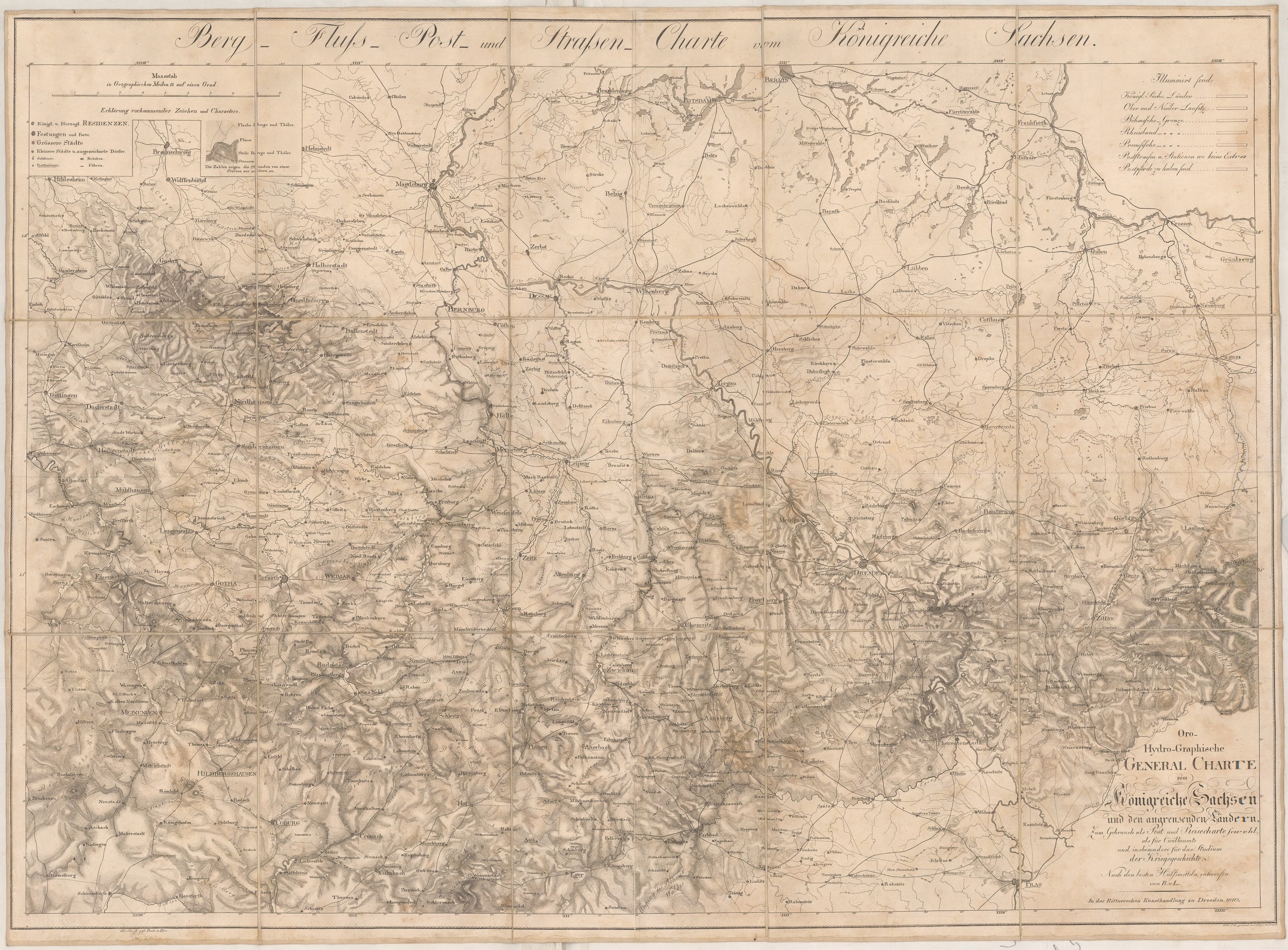 Oro-Hydro-Graphische general charte vom Ko¨nigreiche Sachsen und den angrenzenden Ländern zum Gebrauch als Post und Reisecharte sowohl, als für Civilbeamte und insbesondere fu¨r das Studium der Kriegsgeschichte ...