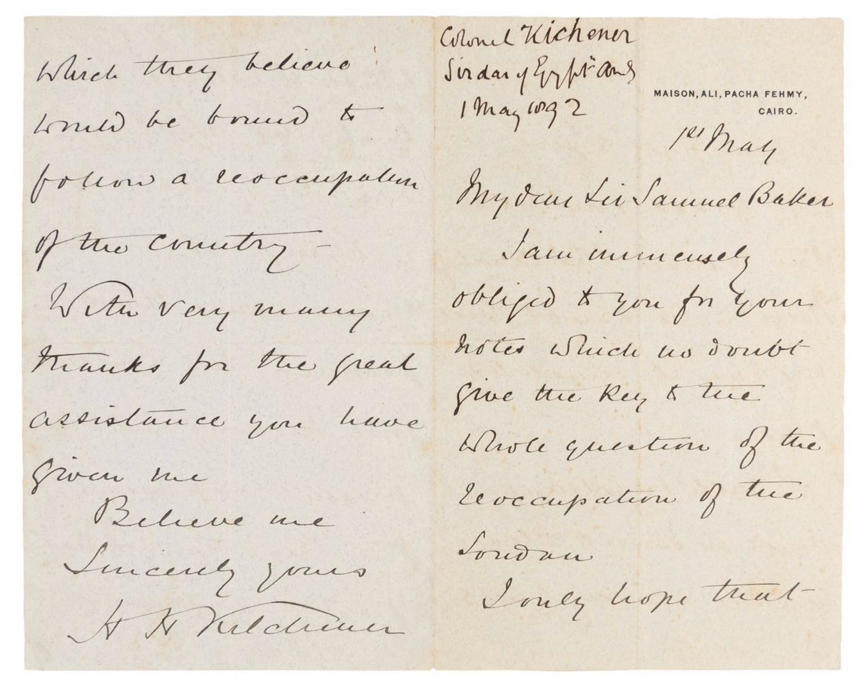 ALS to the explorer Sir Samuel Baker, thanking him for his notes on Sudan and hoping that 