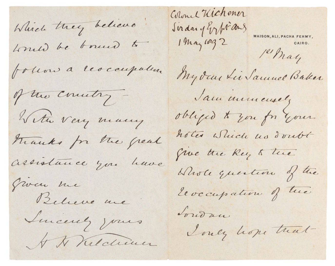 ALS to the explorer Sir Samuel Baker, thanking him for his notes on Sudan and hoping that 