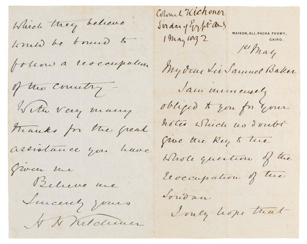 ALS to the explorer Sir Samuel Baker, thanking him for his notes on Sudan and hoping that 