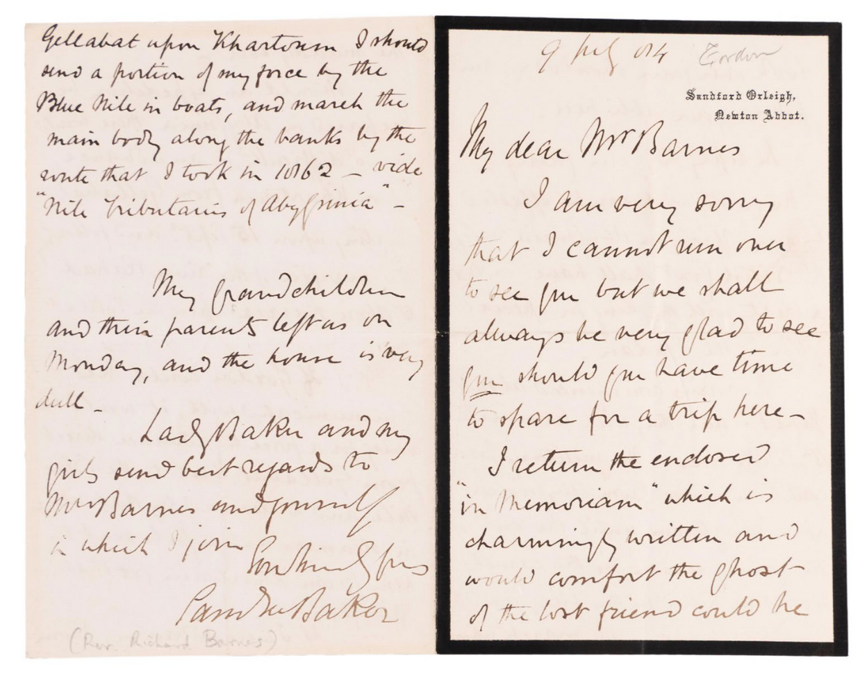 ALS to the Reverend Richard Barnes, vividly giving his thoughts on the possible relief of Khartoum.