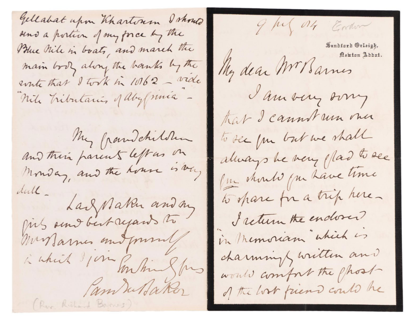 ALS to the Reverend Richard Barnes, vividly giving his thoughts on the possible relief of Khartoum.