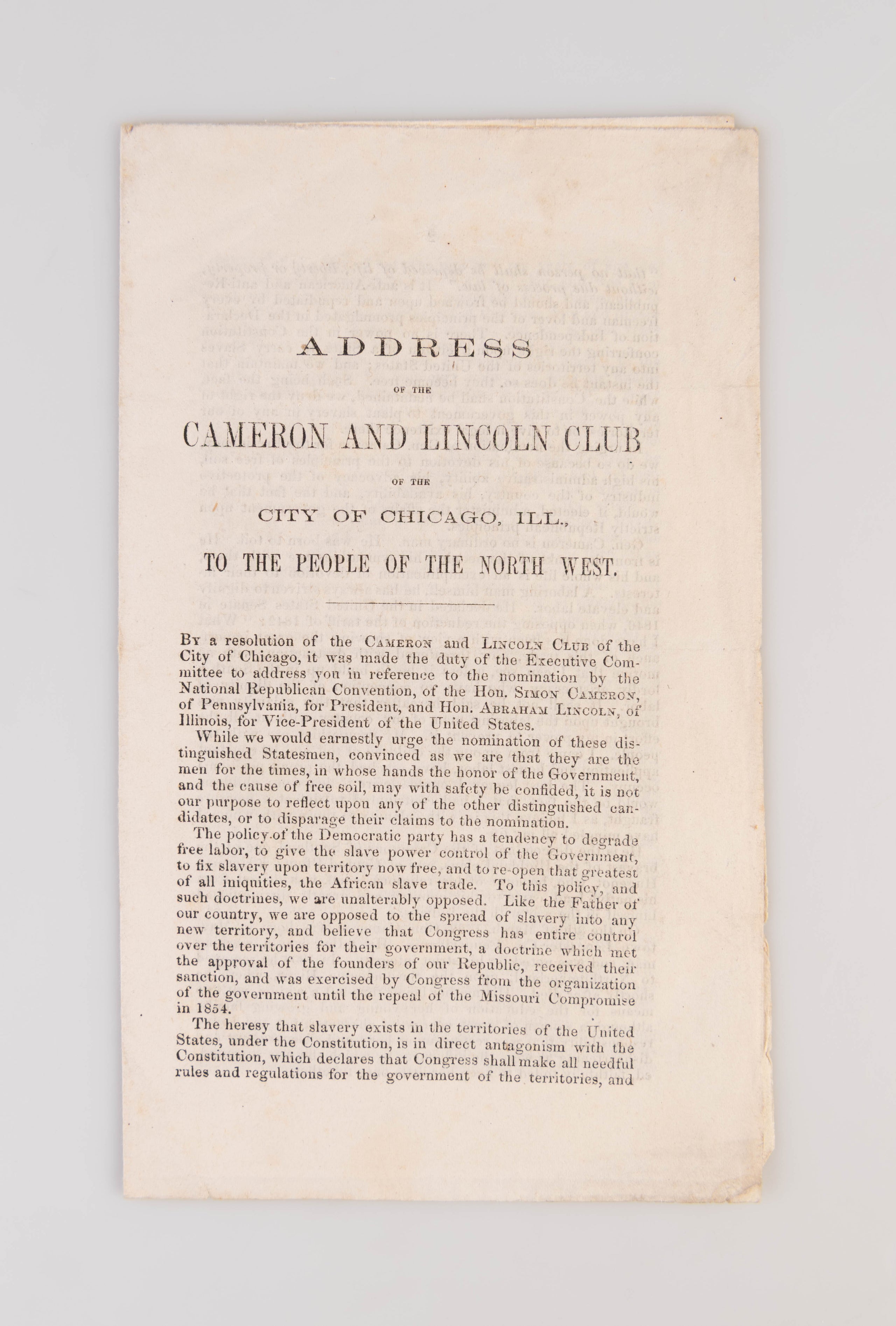 Address of the Cameron and Lincoln Club of the City of Chicago, Ill., to the People of the North West.