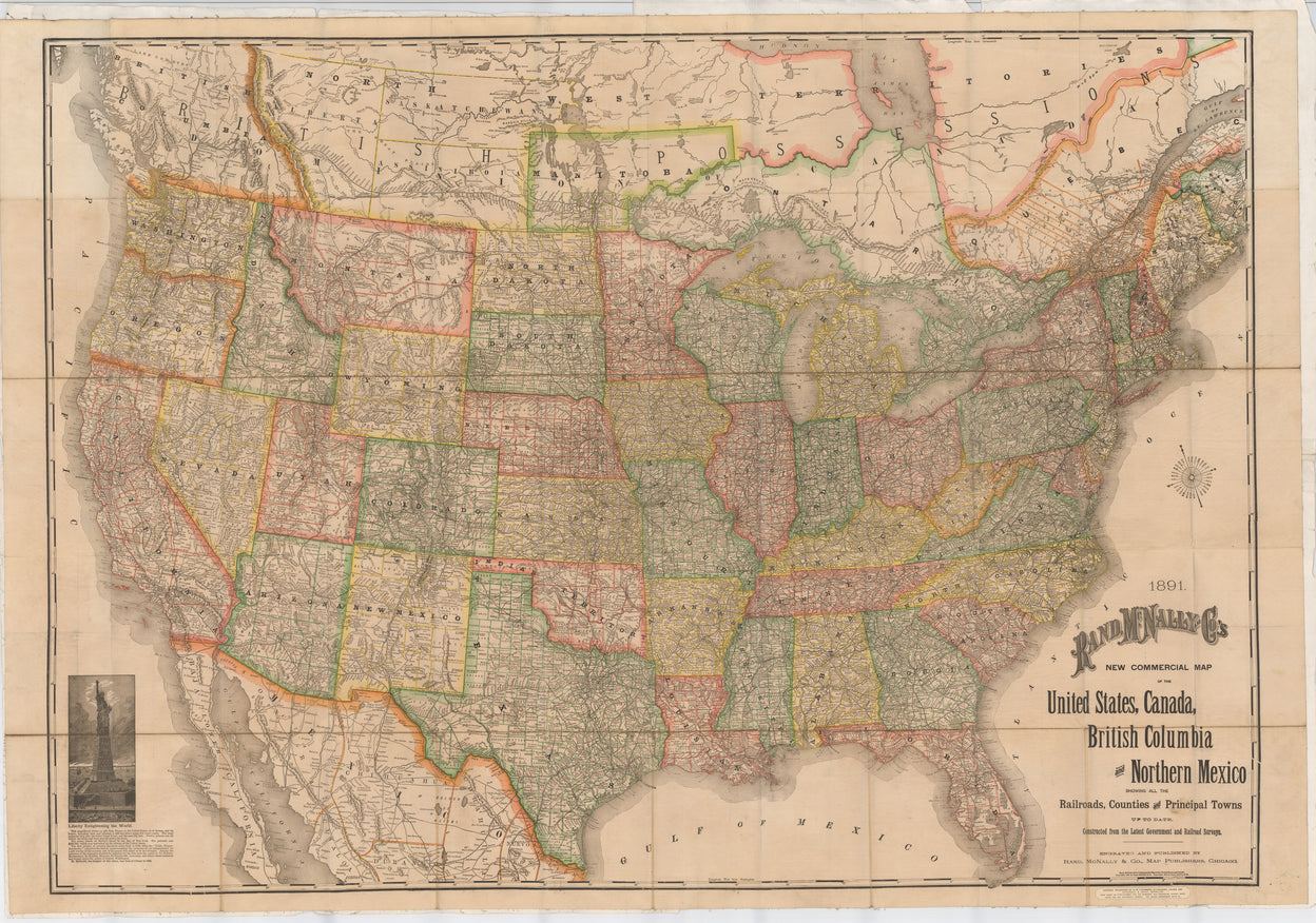 1891. Rand, McNally and Co.'s new commercial map of the United States, Canada, British Columbia and Northern Mexico showing all the railroads, counties and principal towns : up to date, constructed from the latest government and railroad surveys ...