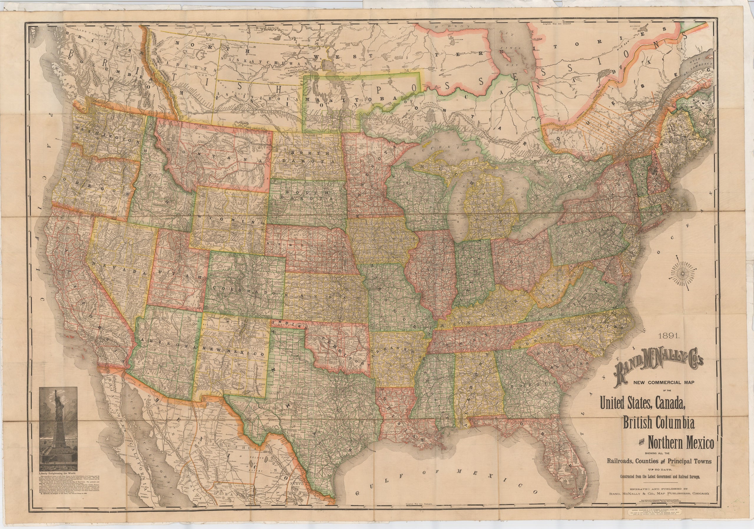 1891. Rand, McNally and Co.'s new commercial map of the United States, Canada, British Columbia and Northern Mexico showing all the railroads, counties and principal towns : up to date, constructed from the latest government and railroad surveys ...