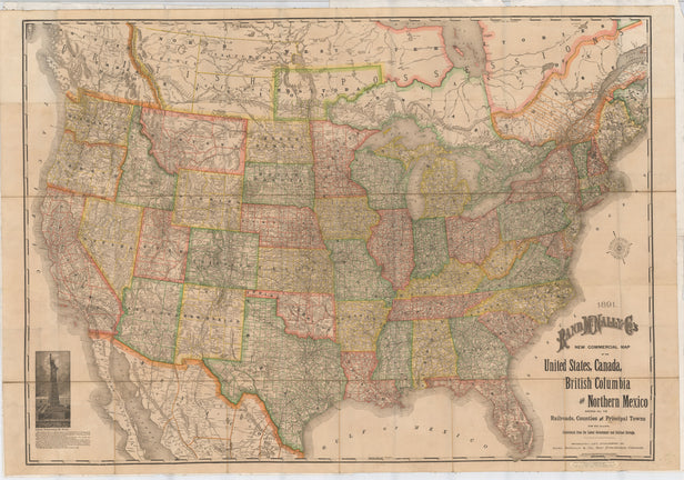 1891. Rand, McNally and Co.'s new commercial map of the United States, Canada, British Columbia and Northern Mexico showing all the railroads, counties and principal towns : up to date, constructed from the latest government and railroad surveys ...