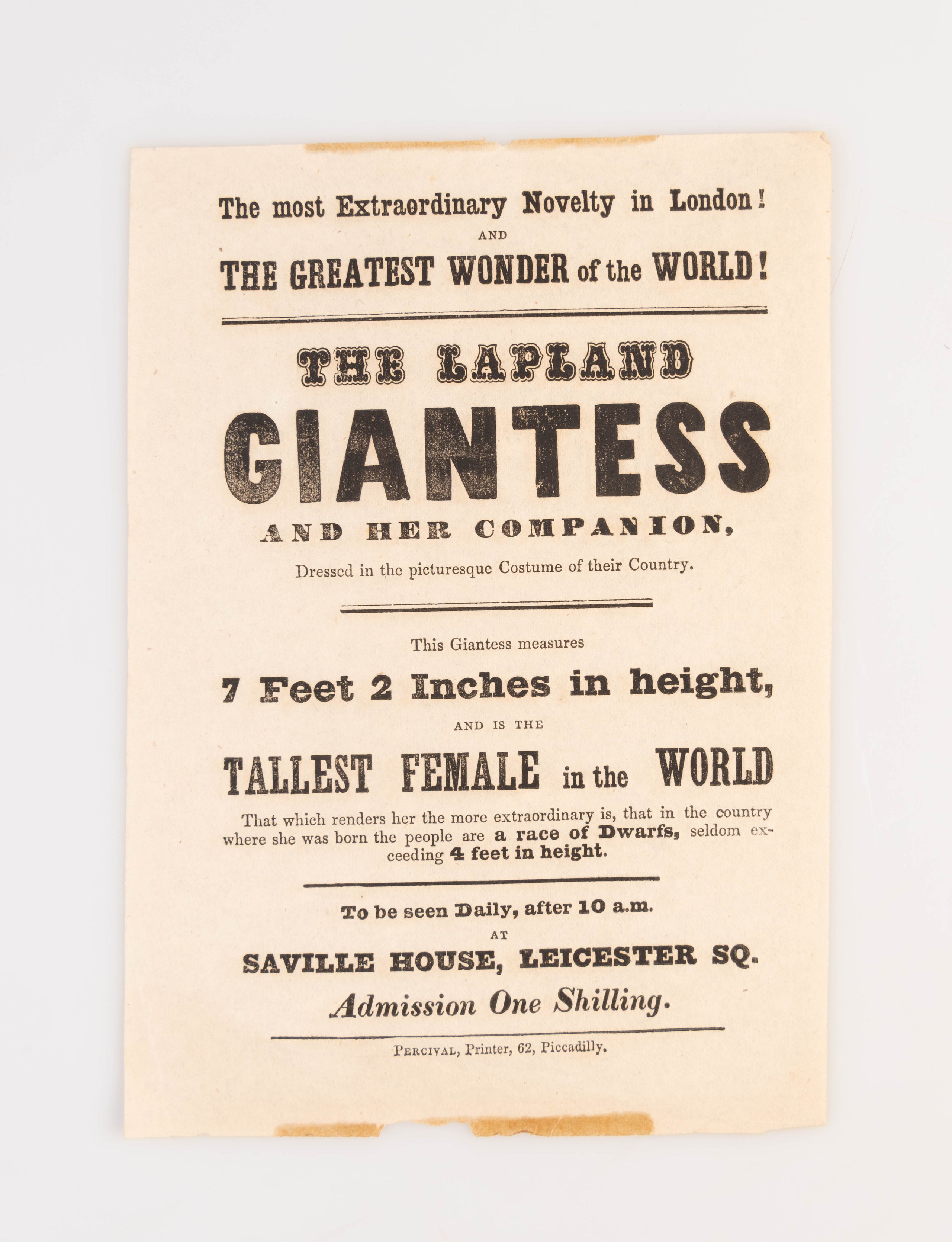 The Most Extraordinary Novelty in London! And the Greatest Wonder of the World! The Lapland Giantess and her Companion, Dressed in the picturesque Costume of their Country ...