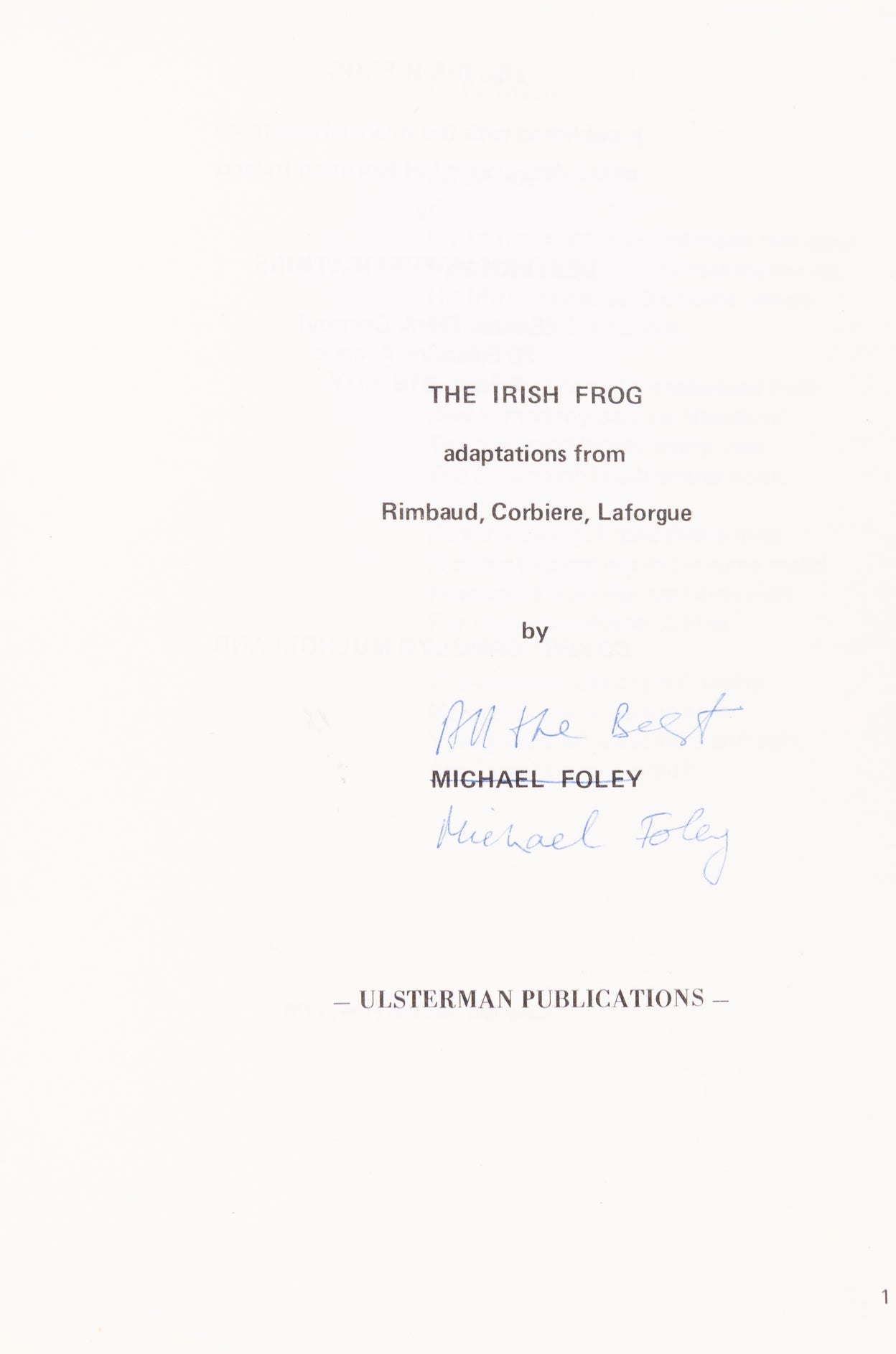 The Irish Frog. Adaptations from Rimbaud, Corbiere, Laforgue.