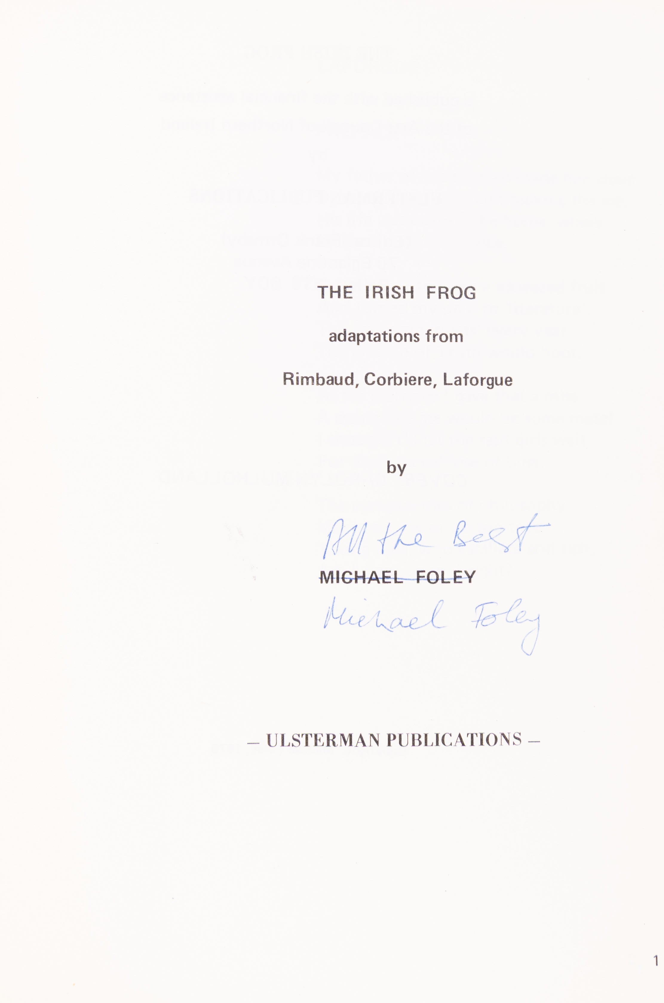 The Irish Frog. Adaptations from Rimbaud, Corbiere, Laforgue.