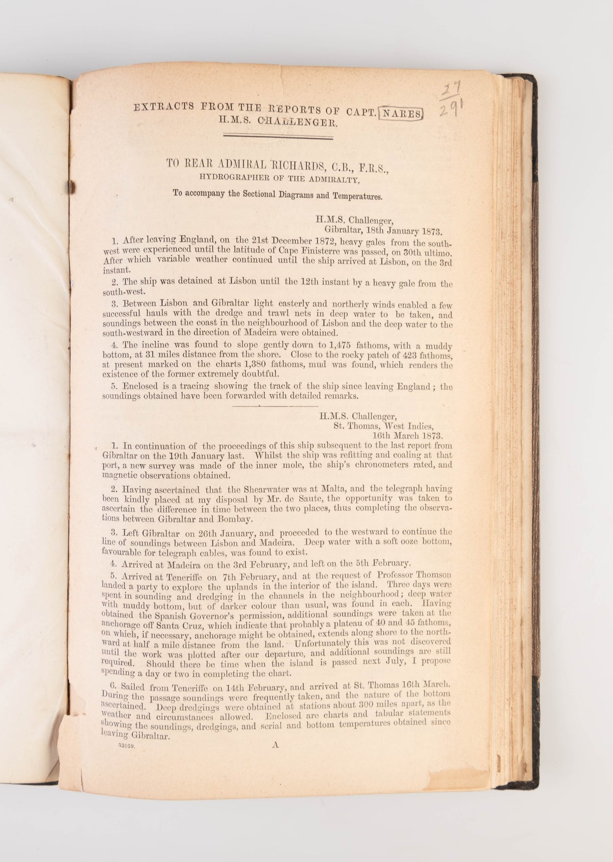 Extracts from the Reports of Capt. Nares. HMS Challenger.