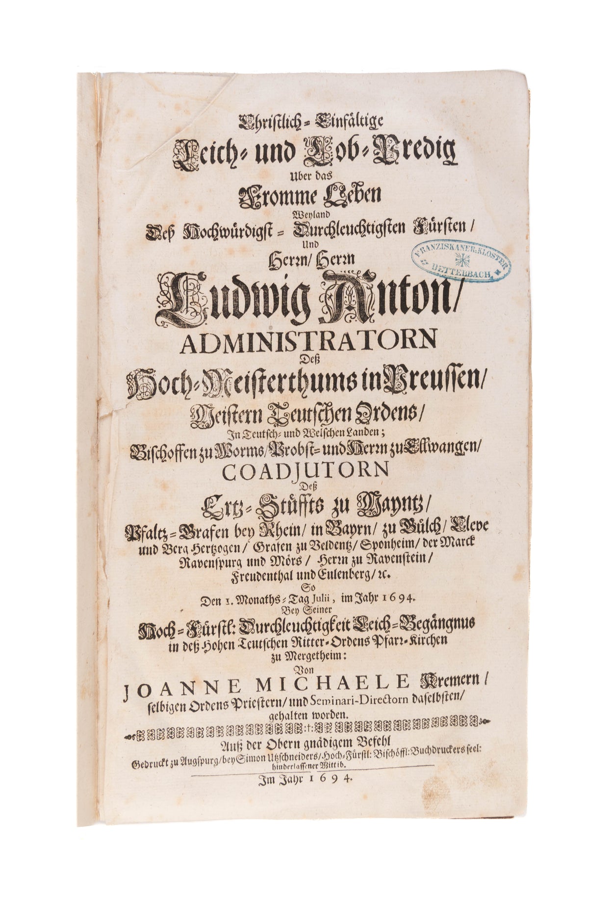 A fine Sammelband of 47 funeral orations, mostly of high ranking members of the clergy in Southern Germany, Emperors and local secular rulers.   
Würzburg etc., 1694 to