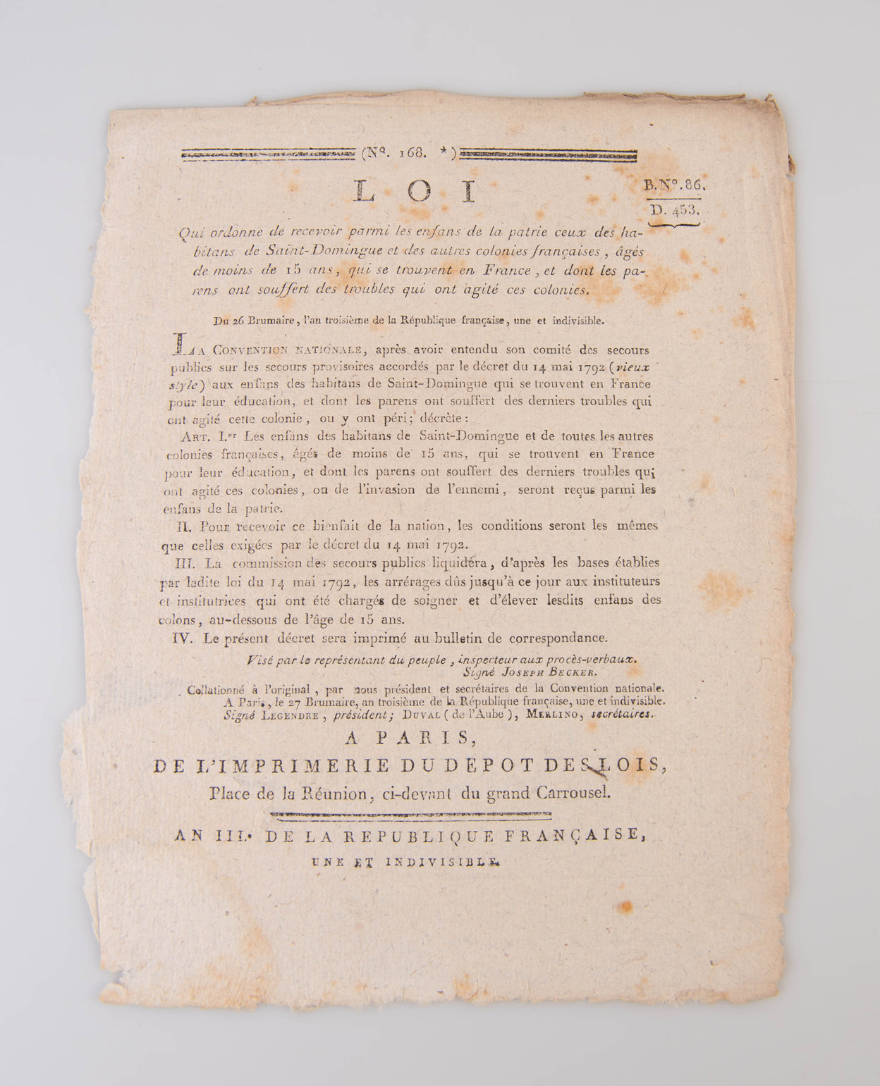 Loi qui ordonne de recevoir parmi les enfans de la partie ceux des habitans de Saint-Domingue et des autres colonies françaises, âgés de moins de 15 ans, qui se trouvent en France, et dont le parens ont souffert des troubles qui ont agite ces colonies.