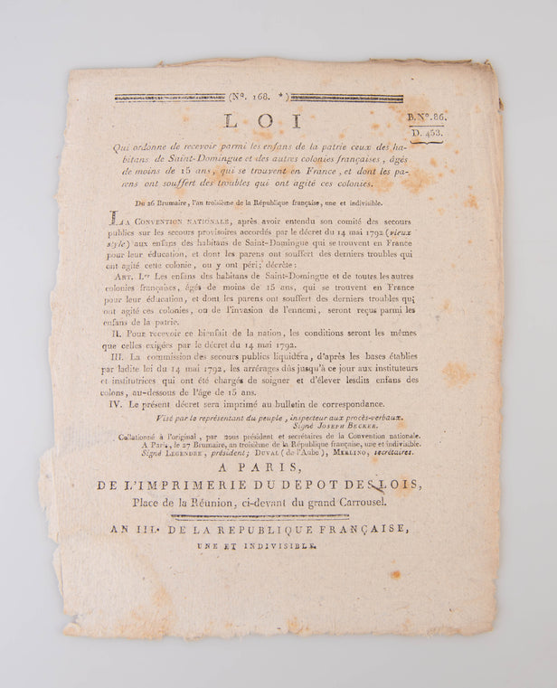 Loi qui ordonne de recevoir parmi les enfans de la partie ceux des habitans de Saint-Domingue et des autres colonies françaises, âgés de moins de 15 ans, qui se trouvent en France, et dont le parens ont souffert des troubles qui ont agite ces colonies.