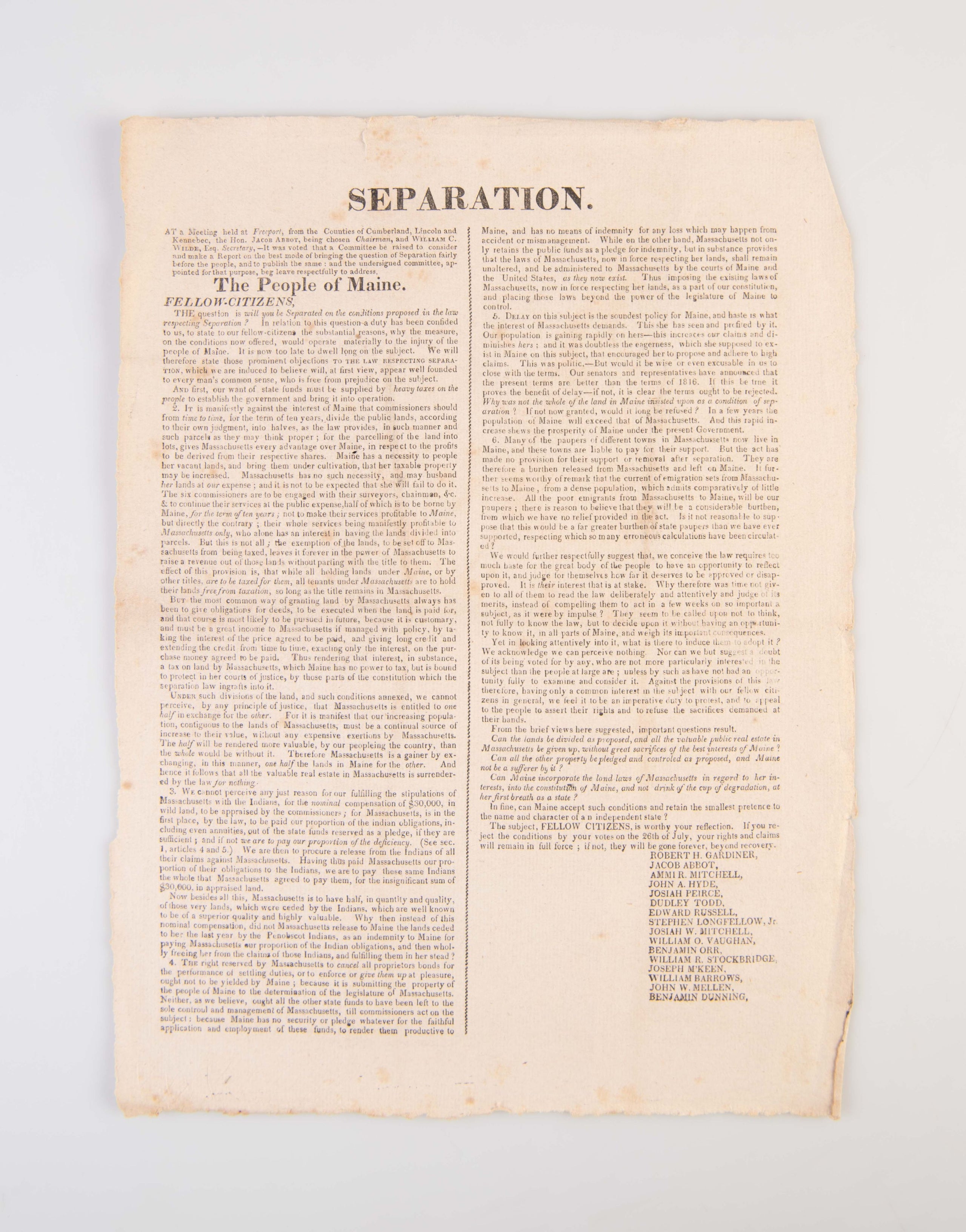 Separation. To the People of Maine. Fellow Citizens ...