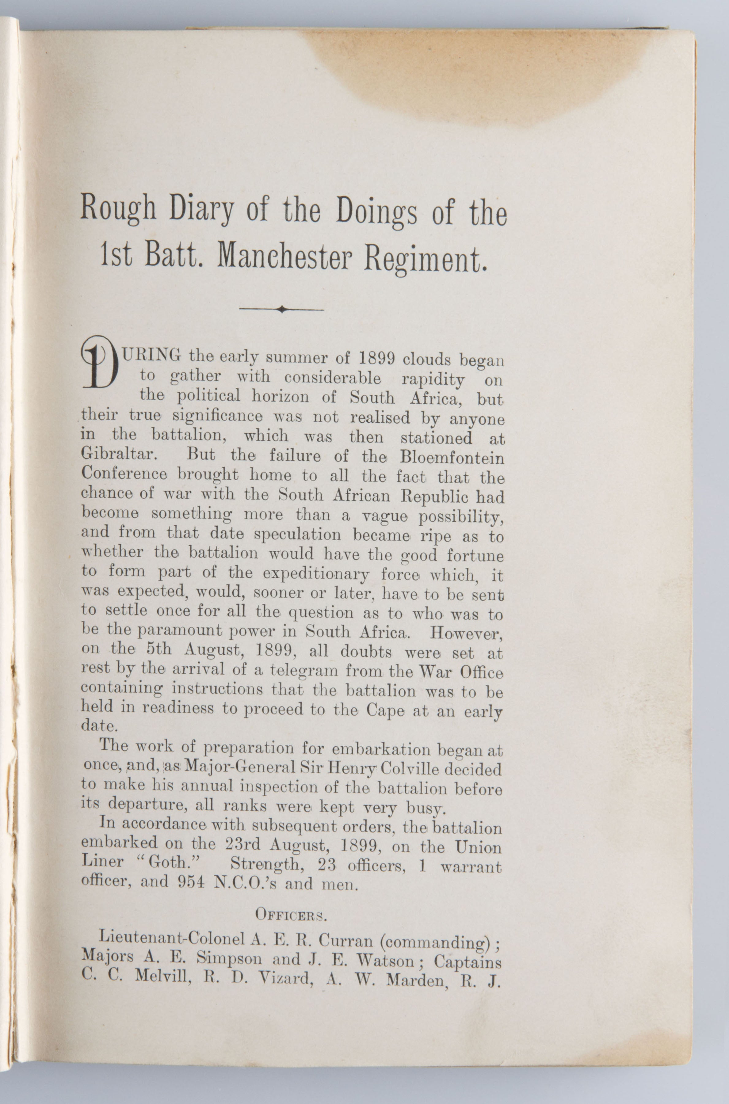 Rough Diary of the Doings of the 1st Battn. Manchester Regt. during the South African War, 1899-1902.
