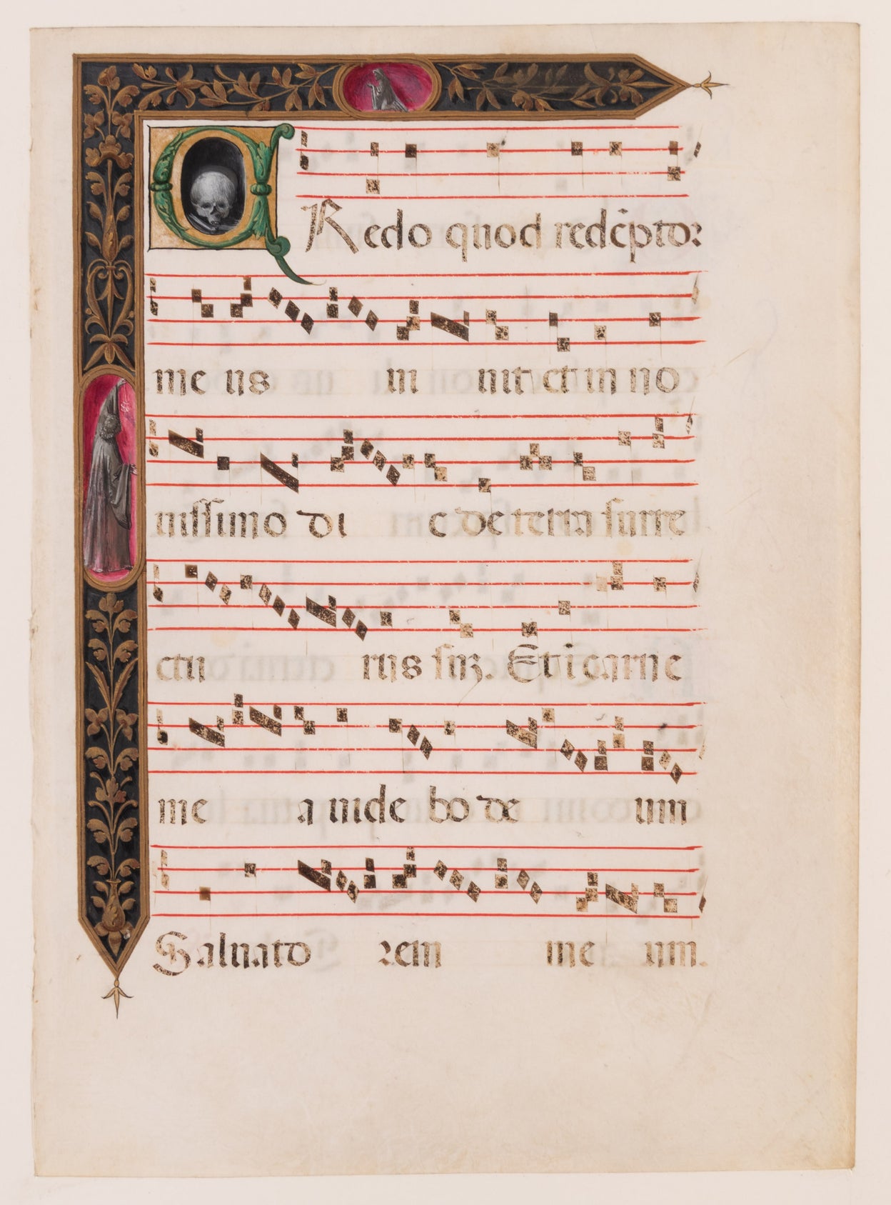 Processional leaf with historiated initial C containing skull & bone, illuminated manuscript on vellum.