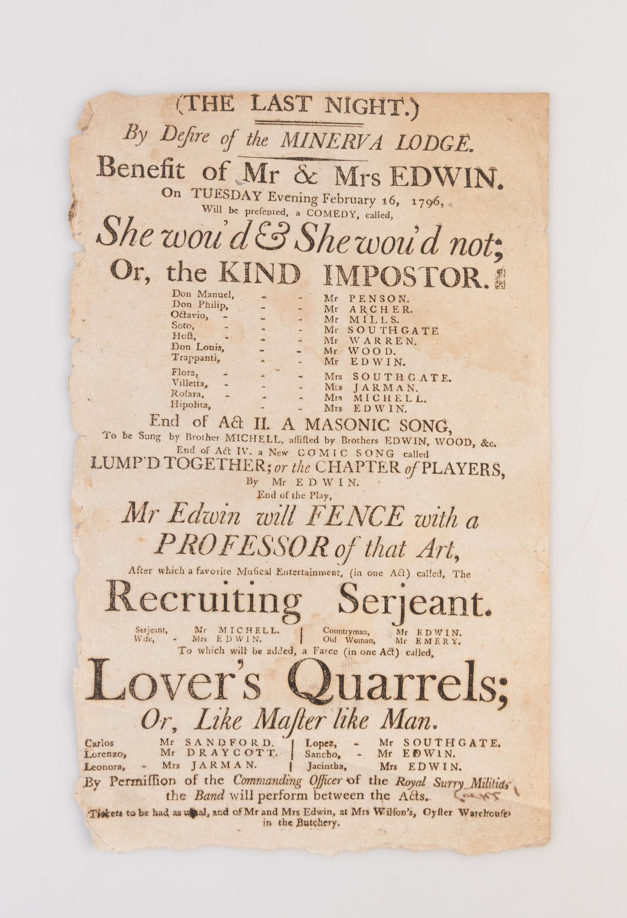 A collection of 18 18th-century theatrical playbills for various performances at the Theatre Royal, Hull.