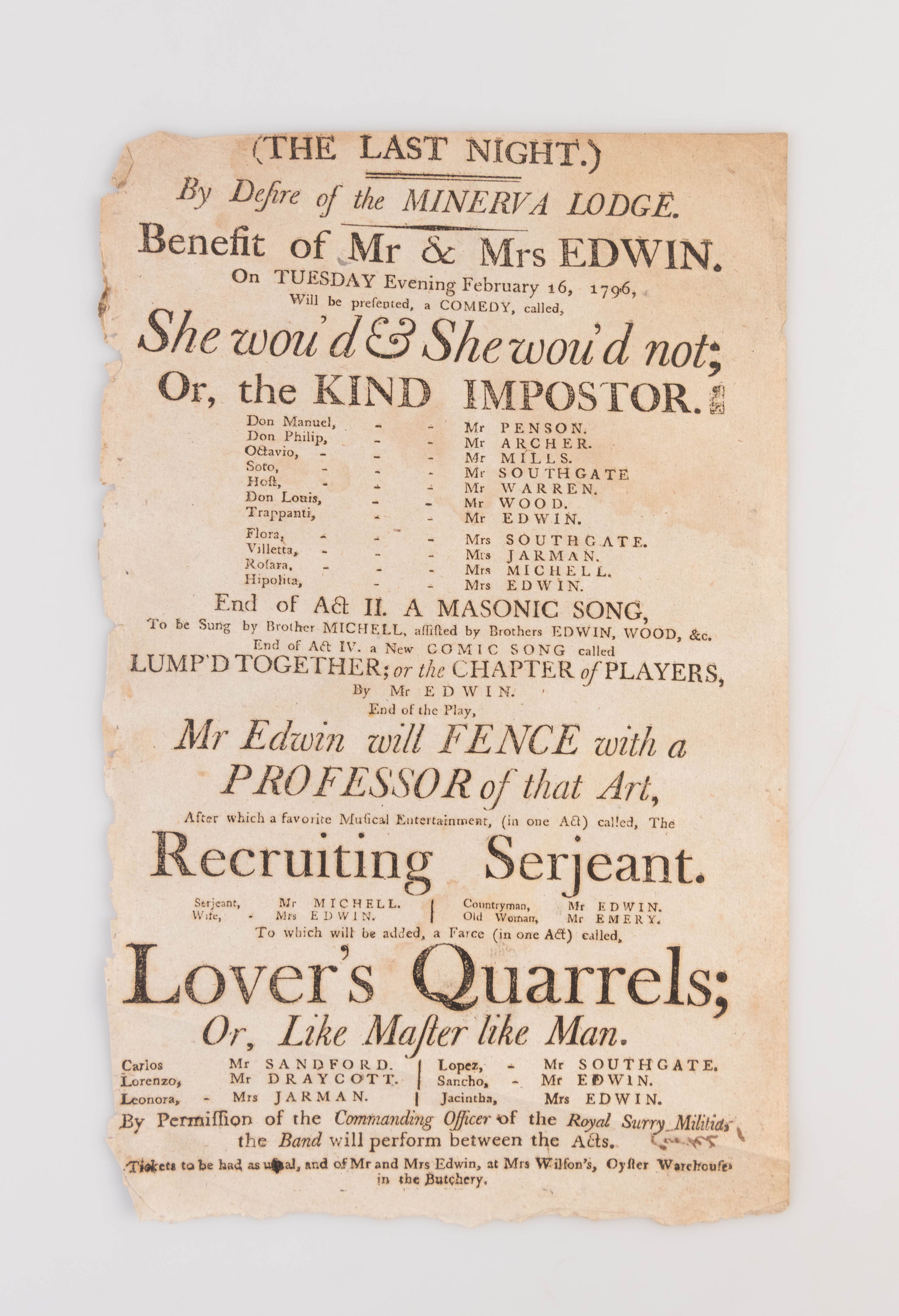 A collection of 18 18th-century theatrical playbills for various performances at the Theatre Royal, Hull.