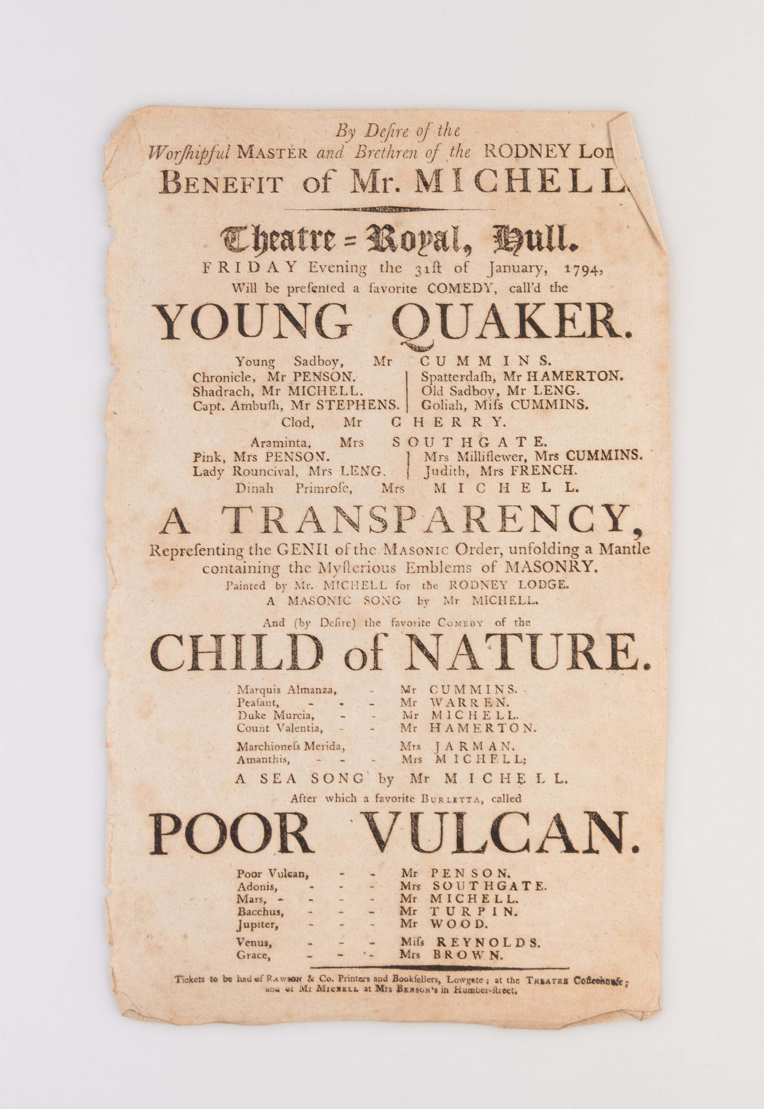 A collection of 18 18th-century theatrical playbills for various performances at the Theatre Royal, Hull.