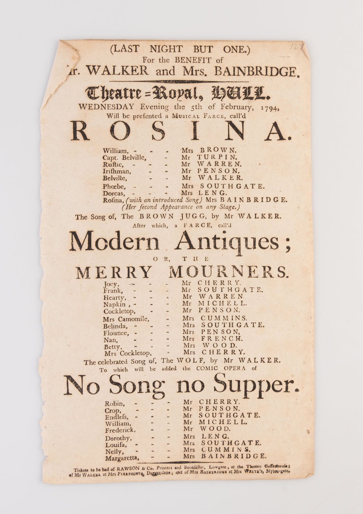 A collection of 18 18th-century theatrical playbills for various performances at the Theatre Royal, Hull.