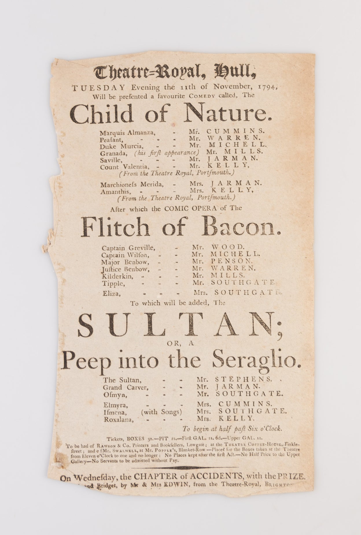 A collection of 18 18th-century theatrical playbills for various performances at the Theatre Royal, Hull.