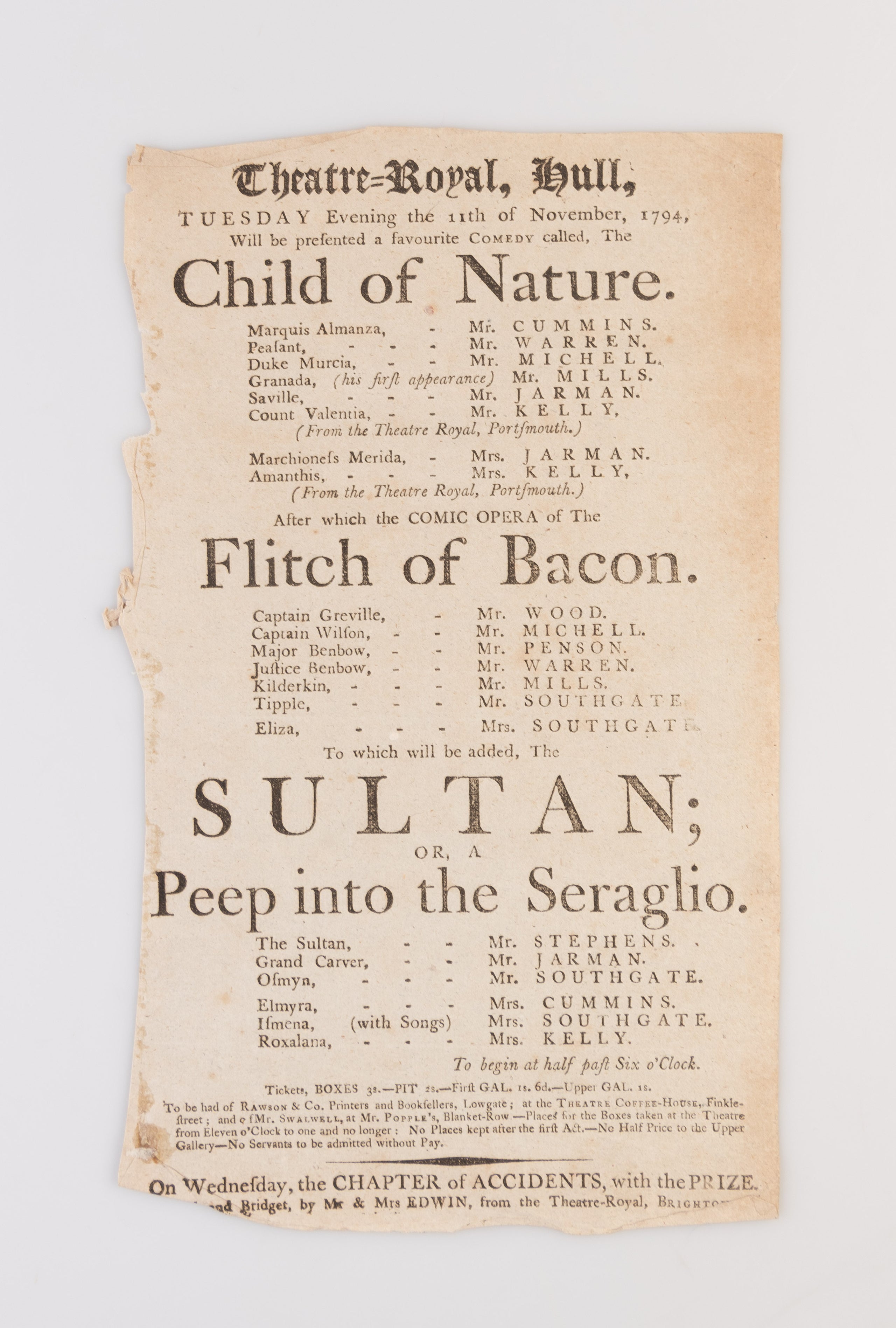 A collection of 18 18th-century theatrical playbills for various performances at the Theatre Royal, Hull.