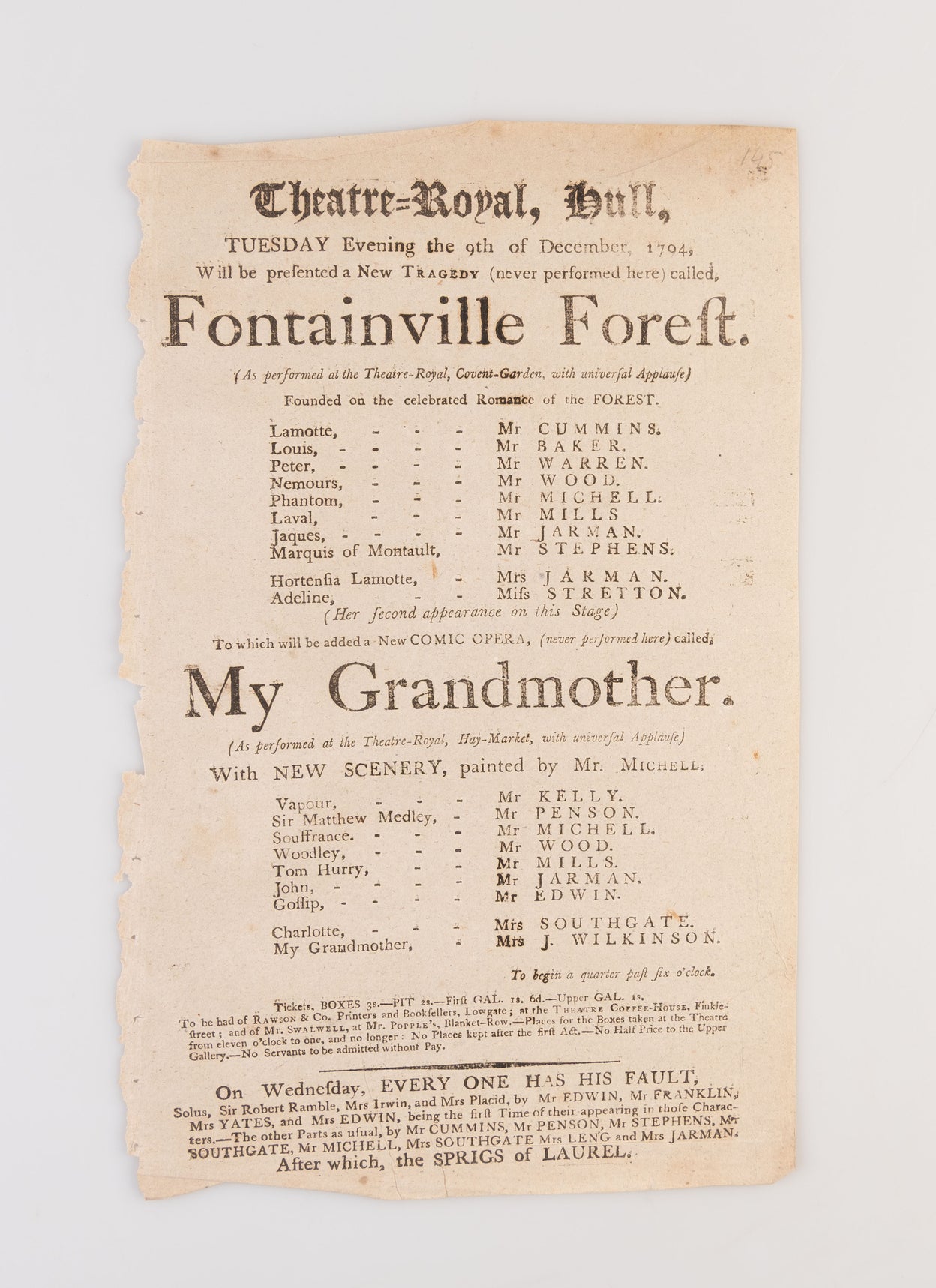 A collection of 18 18th-century theatrical playbills for various performances at the Theatre Royal, Hull.