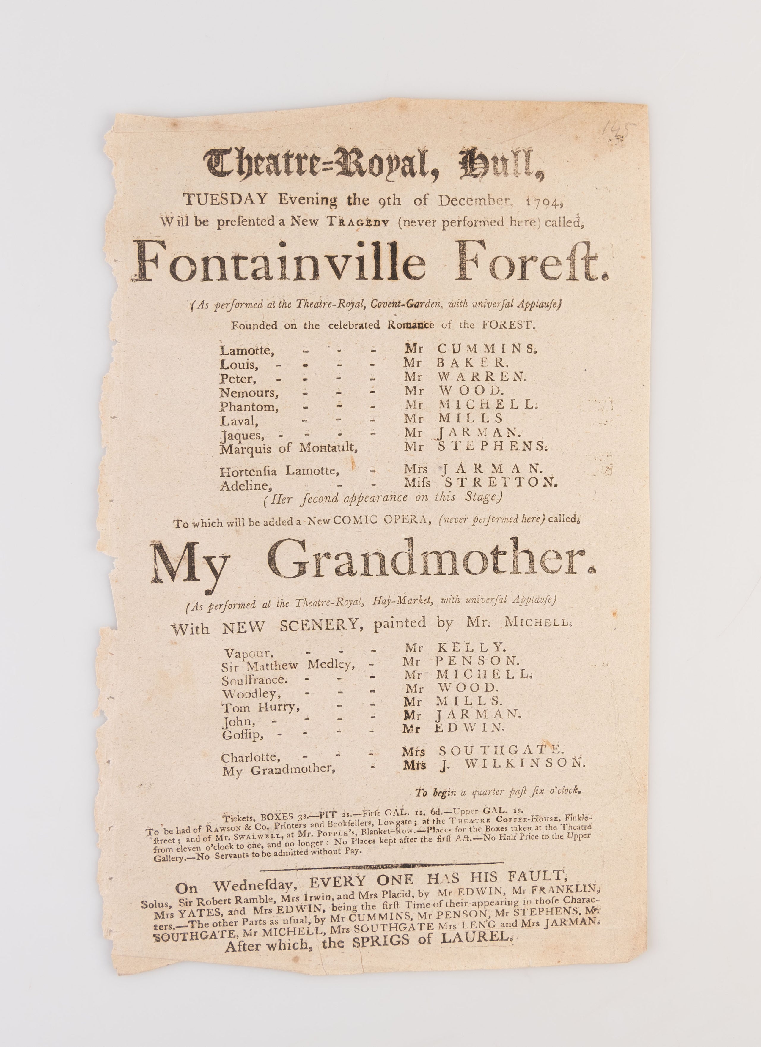 A collection of 18 18th-century theatrical playbills for various performances at the Theatre Royal, Hull.