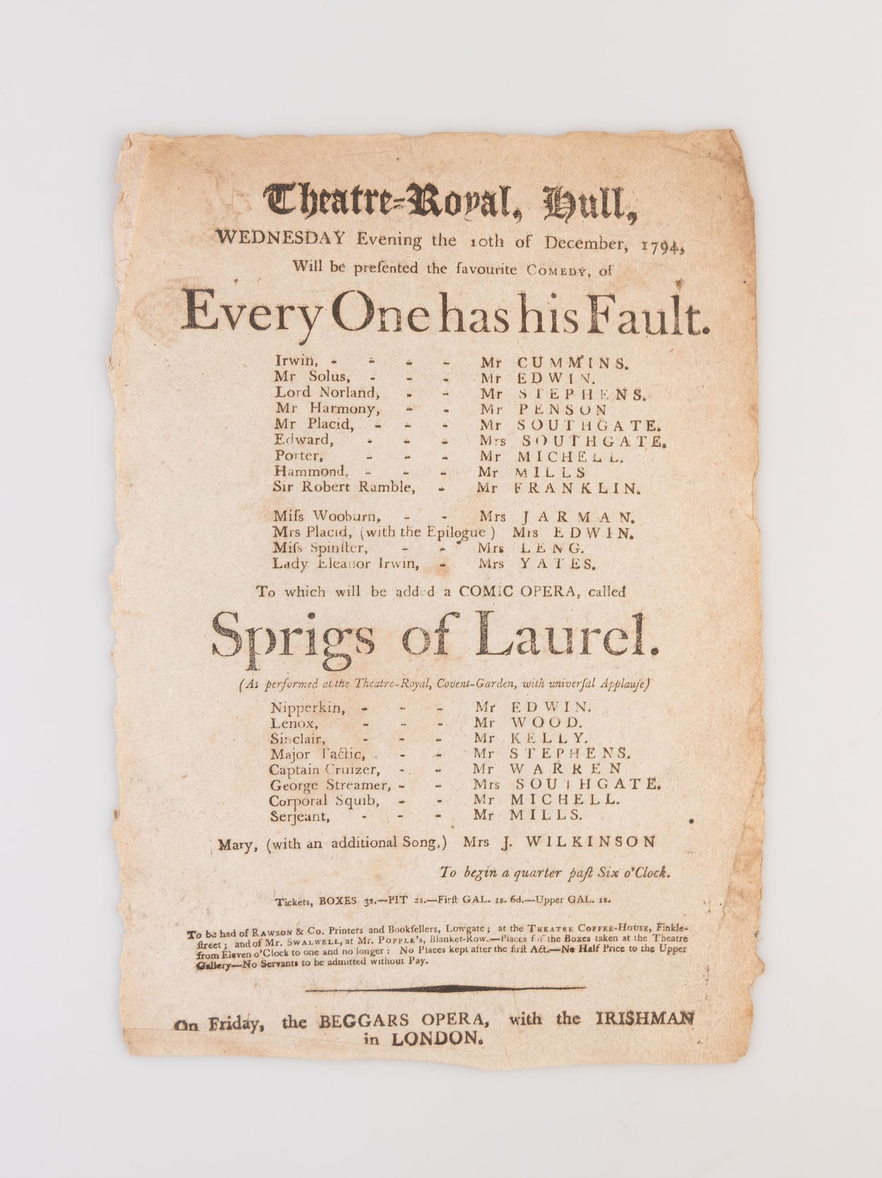 A collection of 18 18th-century theatrical playbills for various performances at the Theatre Royal, Hull.
