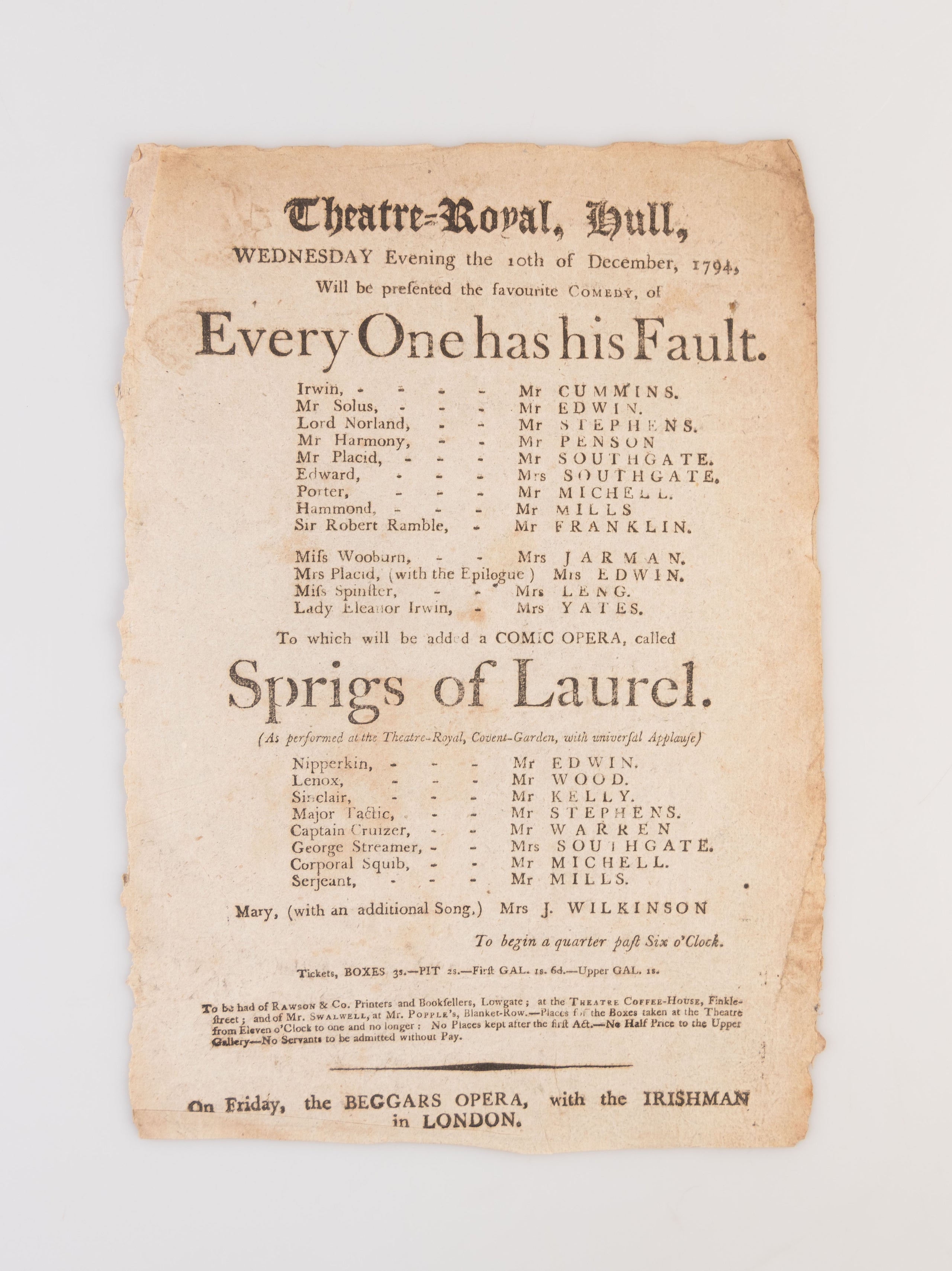 A collection of 18 18th-century theatrical playbills for various performances at the Theatre Royal, Hull.
