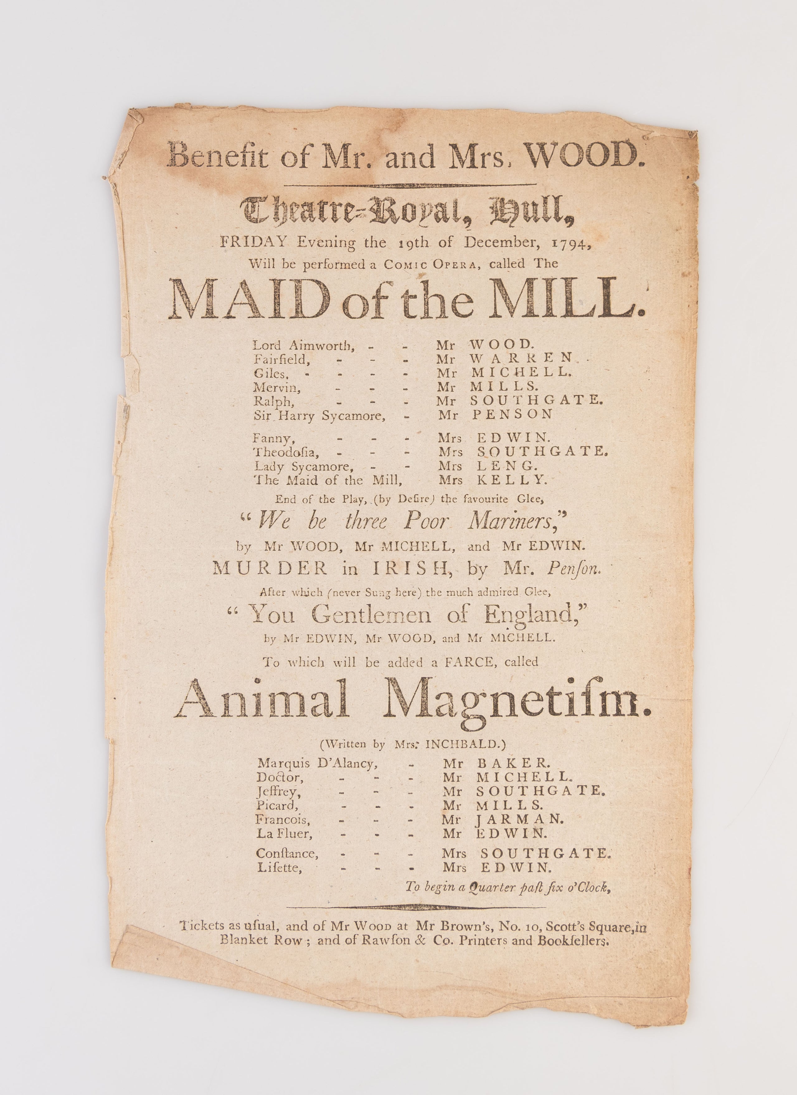 A collection of 18 18th-century theatrical playbills for various performances at the Theatre Royal, Hull.