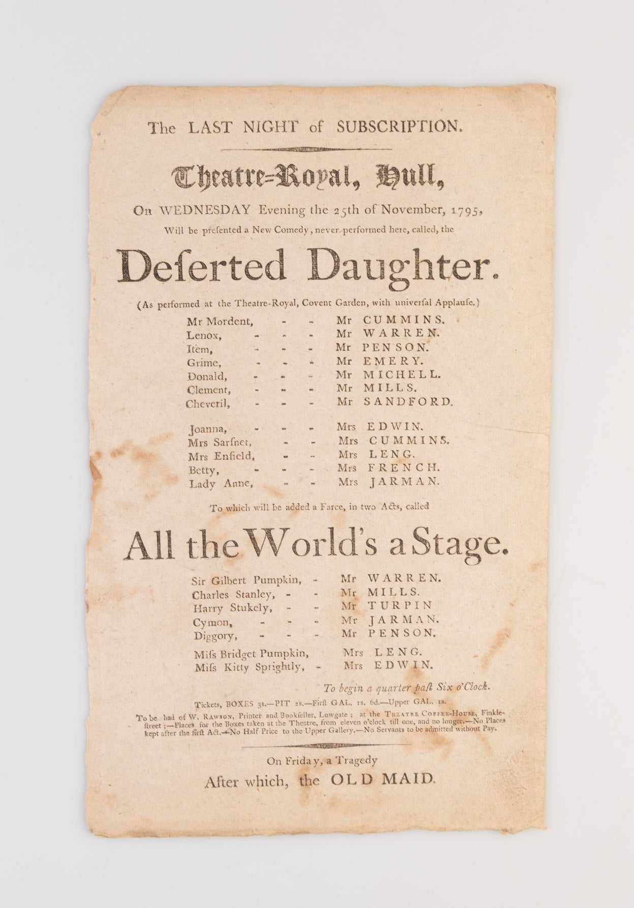 A collection of 18 18th-century theatrical playbills for various performances at the Theatre Royal, Hull.