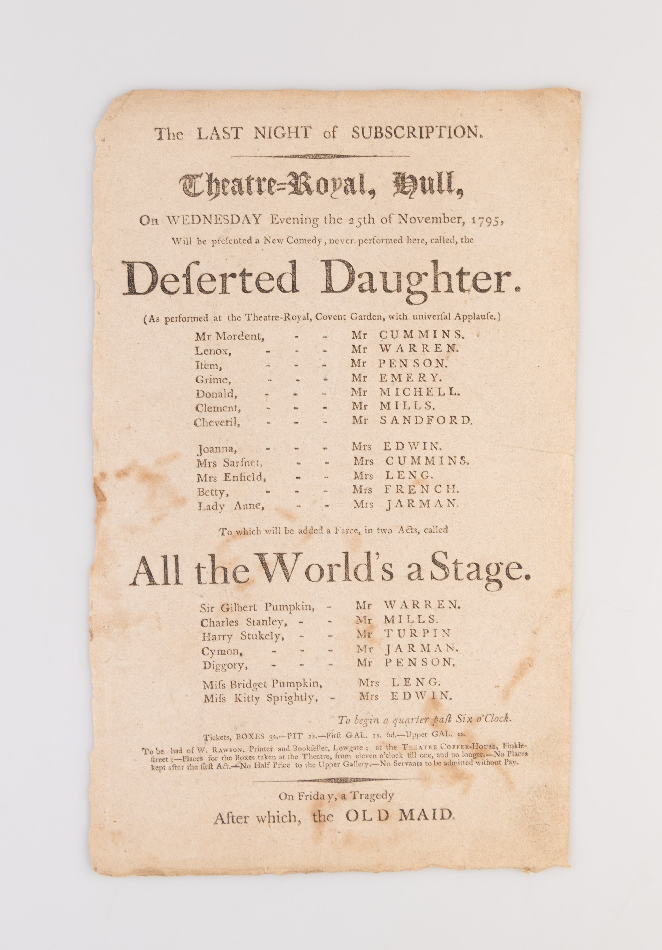A collection of 18 18th-century theatrical playbills for various performances at the Theatre Royal, Hull.