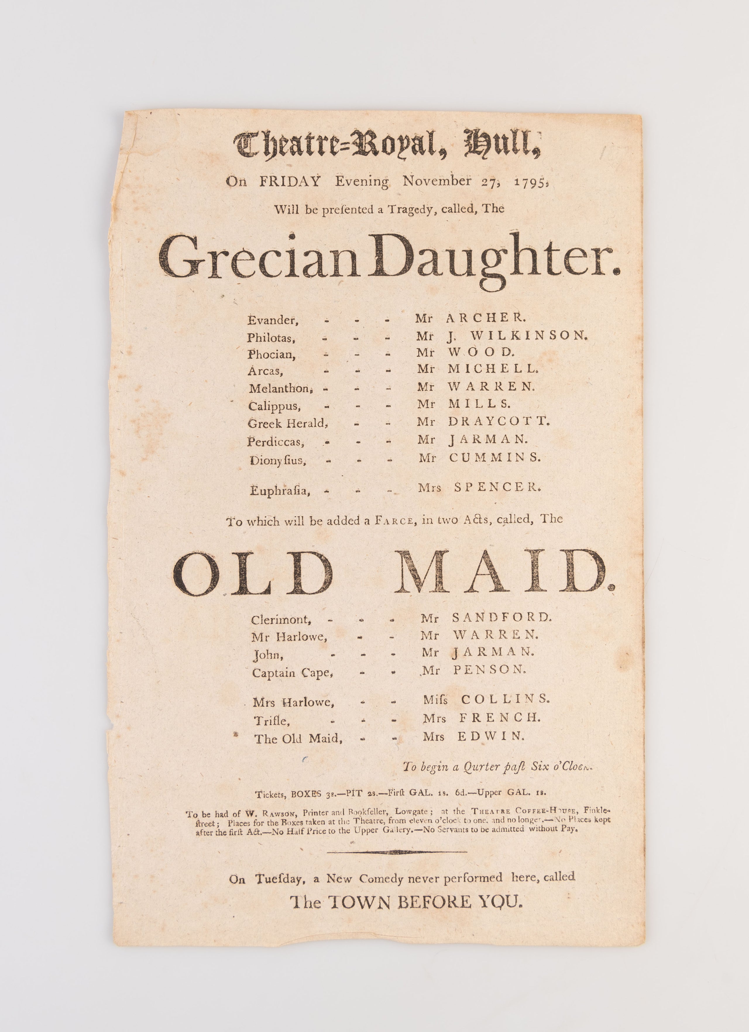 A collection of 18 18th-century theatrical playbills for various performances at the Theatre Royal, Hull.