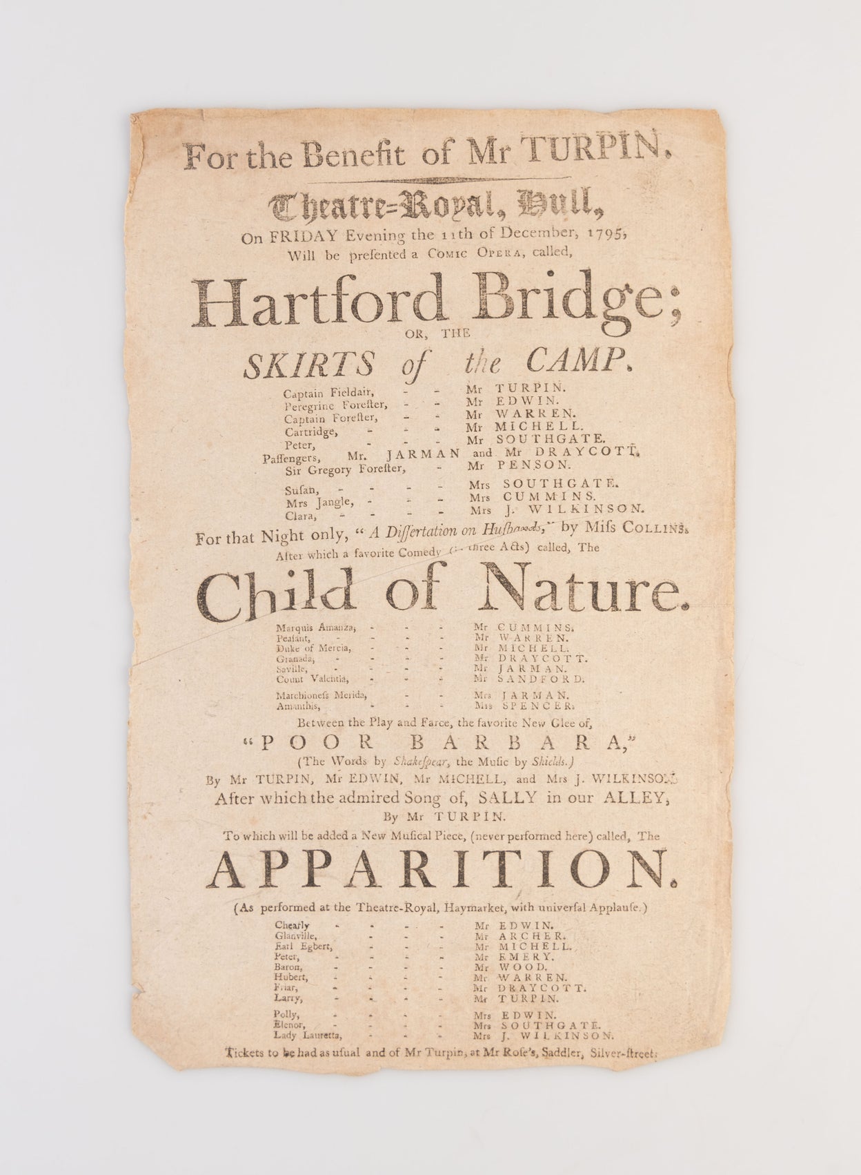 A collection of 18 18th-century theatrical playbills for various performances at the Theatre Royal, Hull.