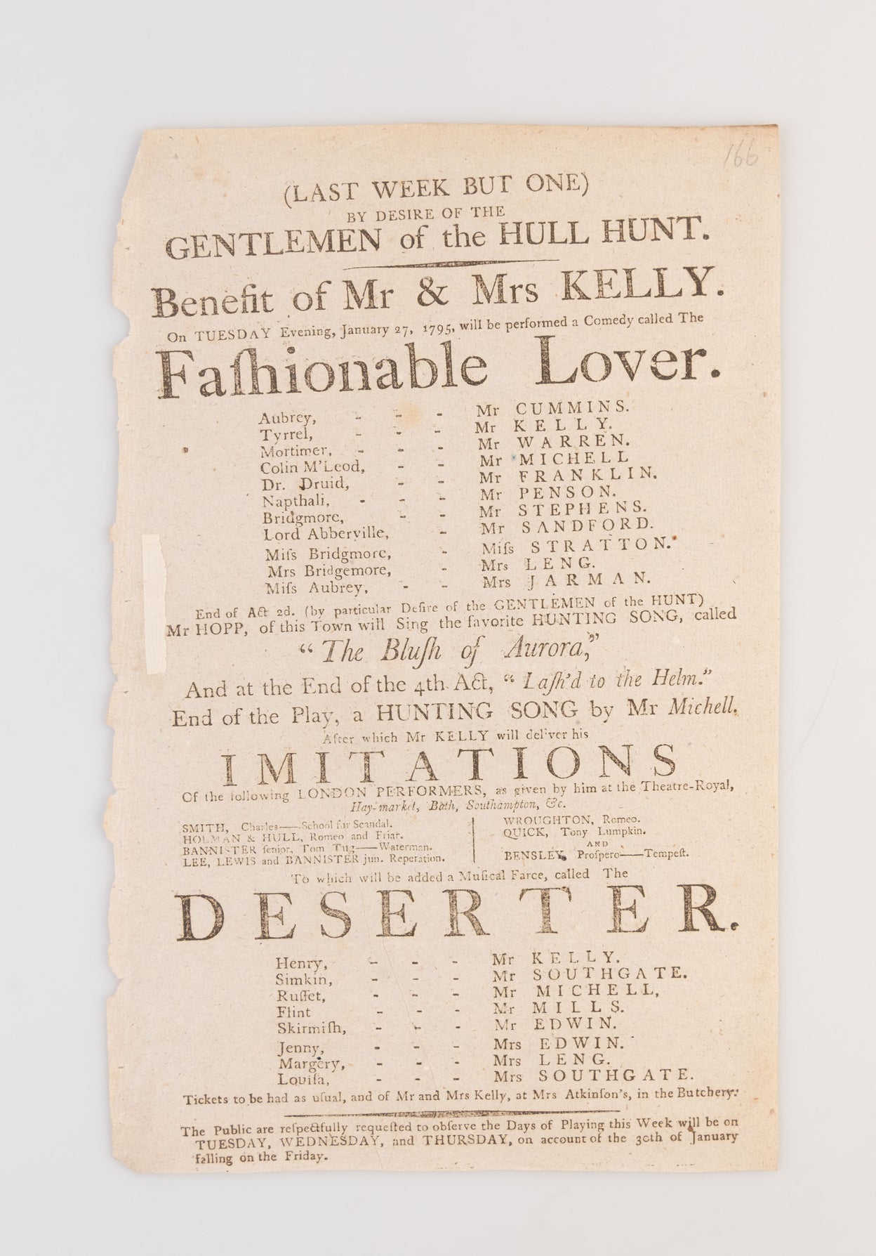 A collection of 18 18th-century theatrical playbills for various performances at the Theatre Royal, Hull.