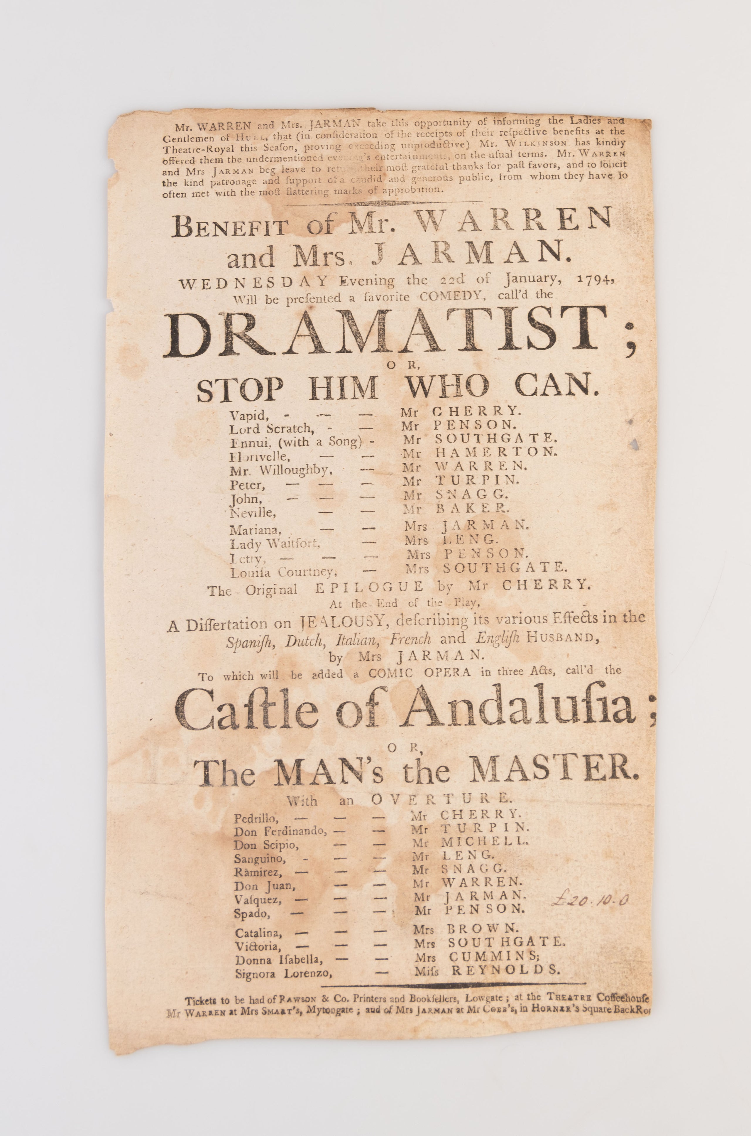 A collection of 18 18th-century theatrical playbills for various performances at the Theatre Royal, Hull.