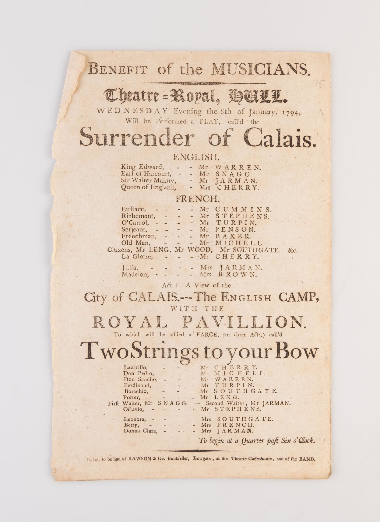 A collection of 18 18th-century theatrical playbills for various performances at the Theatre Royal, Hull.