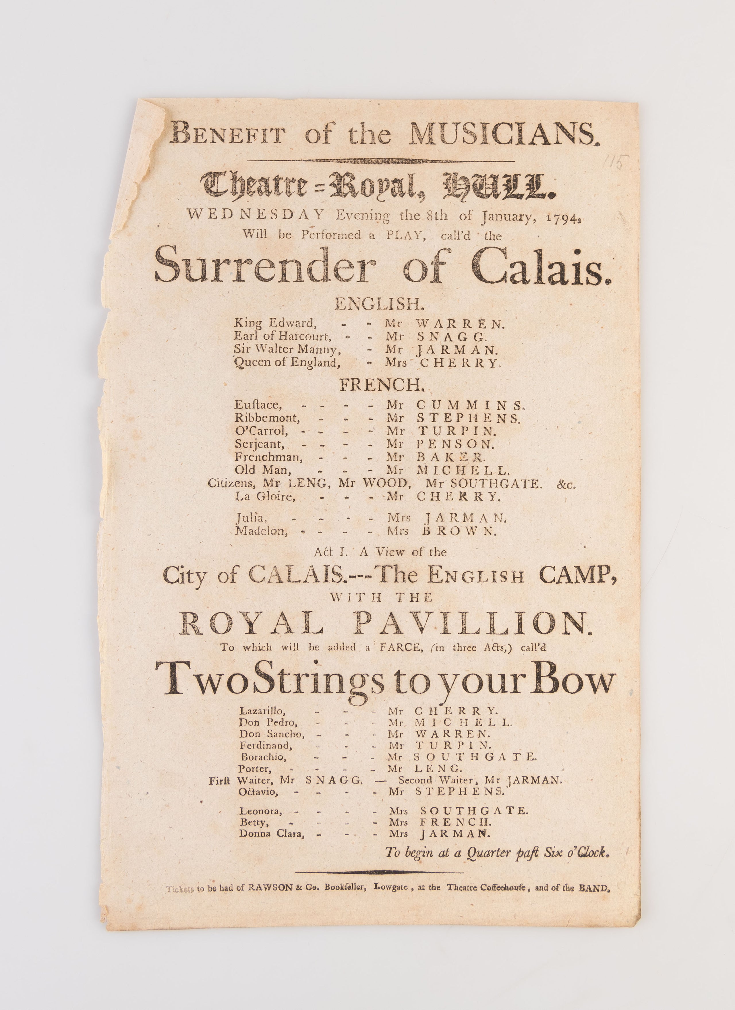 A collection of 18 18th-century theatrical playbills for various performances at the Theatre Royal, Hull.